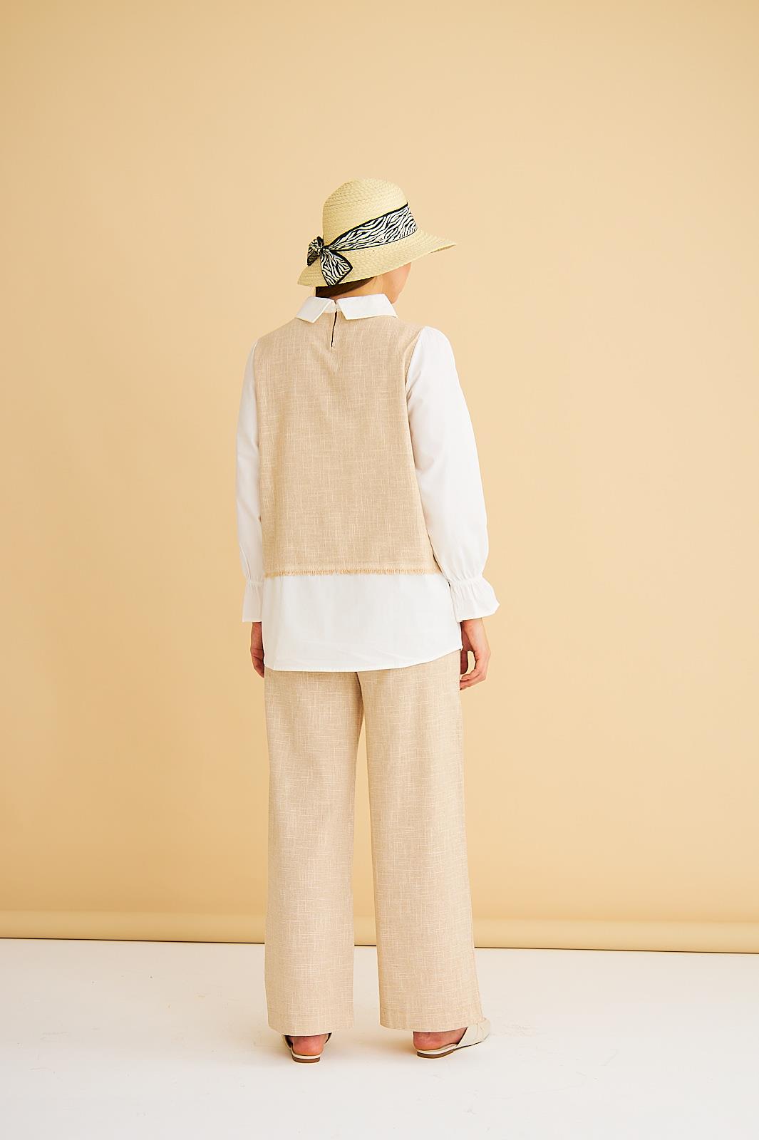 Lambade Düğme Detaylı Bol Paça Keten Camel Tunik Pantolon Takım