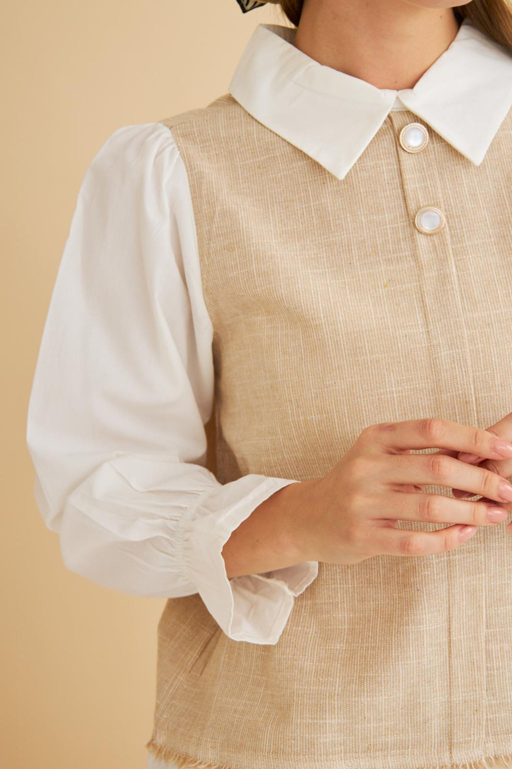 Lambade Düğme Detaylı Bol Paça Keten Camel Tunik Pantolon Takım