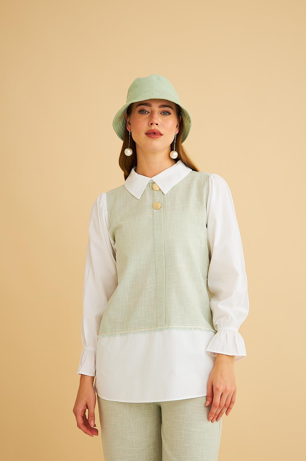 Lambade Düğme Detaylı Bol Paça Keten Mint Tunik Pantolon Takım