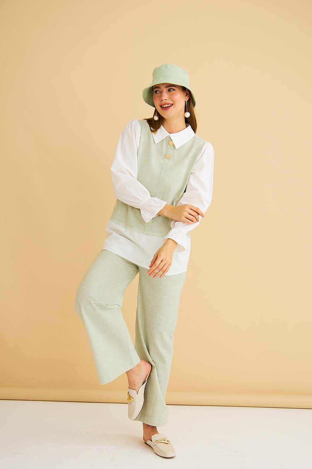 Lambade Düğme Detaylı Bol Paça Keten Mint Tunik Pantolon Takım