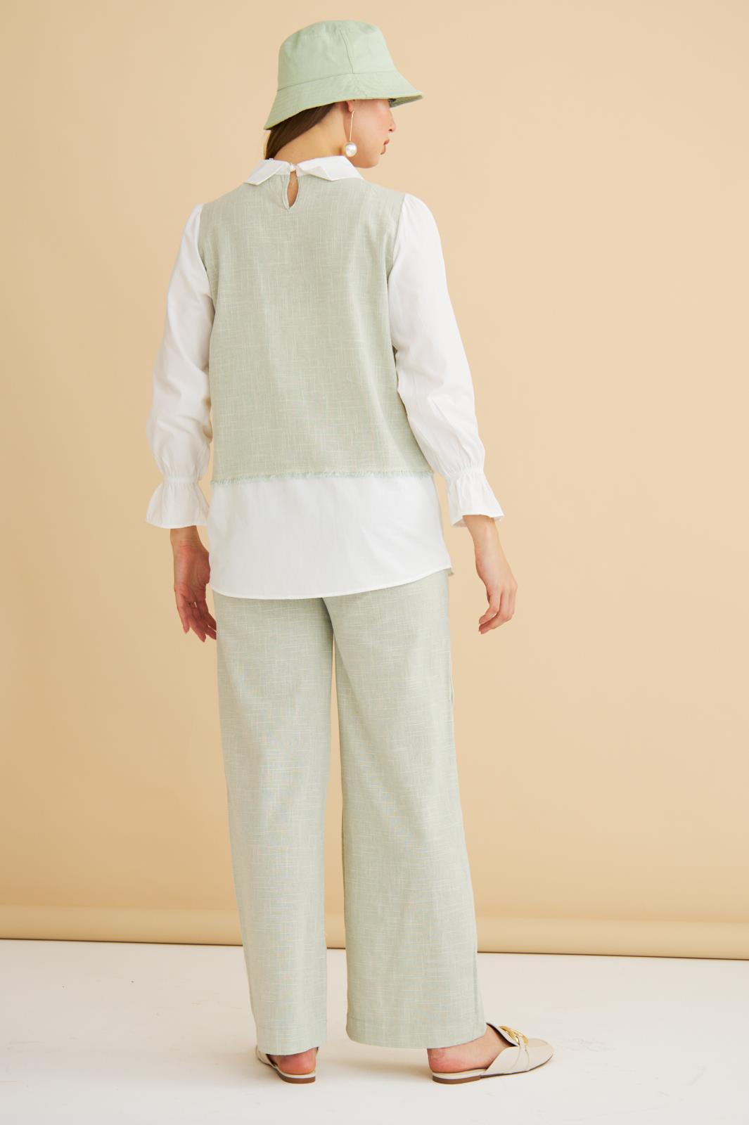 Lambade Düğme Detaylı Bol Paça Keten Mint Tunik Pantolon Takım