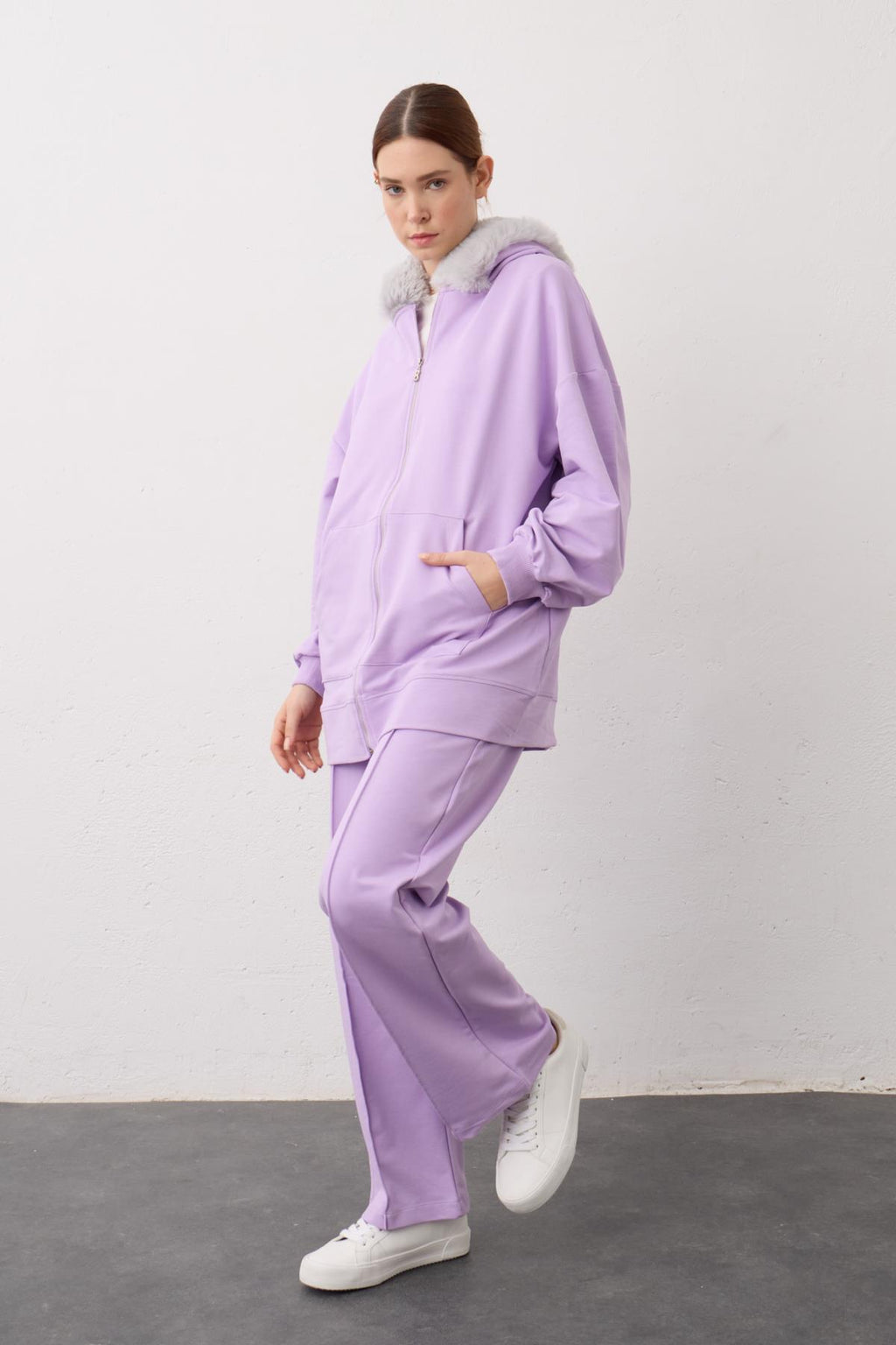 Lila Kapşonu Kürklü Fermuarlı Pamuklu Kadın Alt Üst Örme Takım