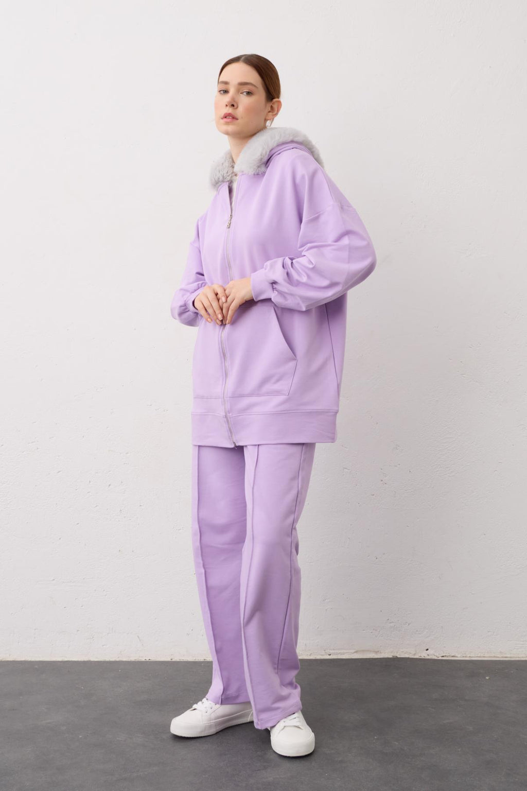 Lila Kapşonu Kürklü Fermuarlı Pamuklu Kadın Alt Üst Örme Takım