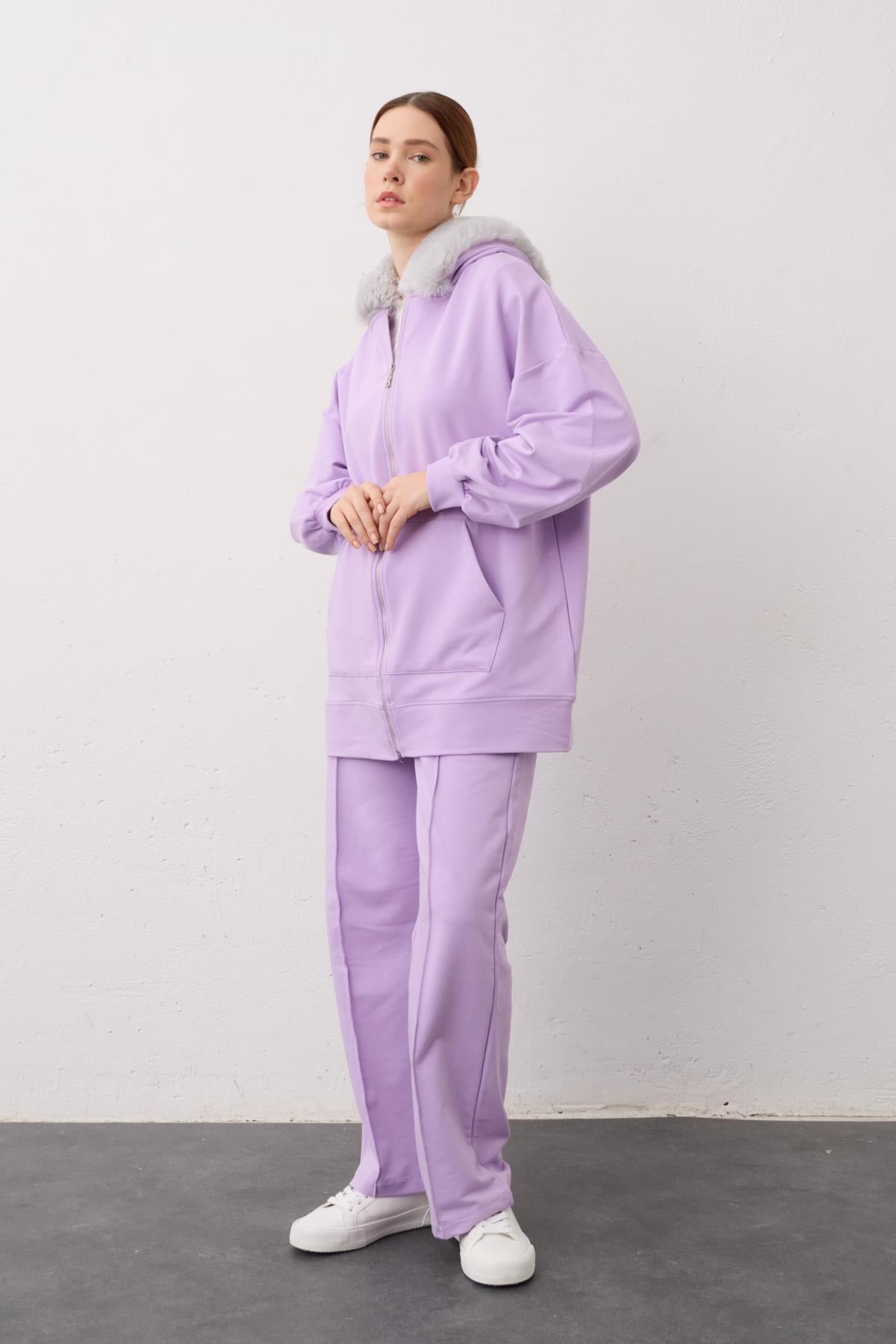 Lila Kapşonu Kürklü Fermuarlı Pamuklu Kadın Alt Üst Örme Takım