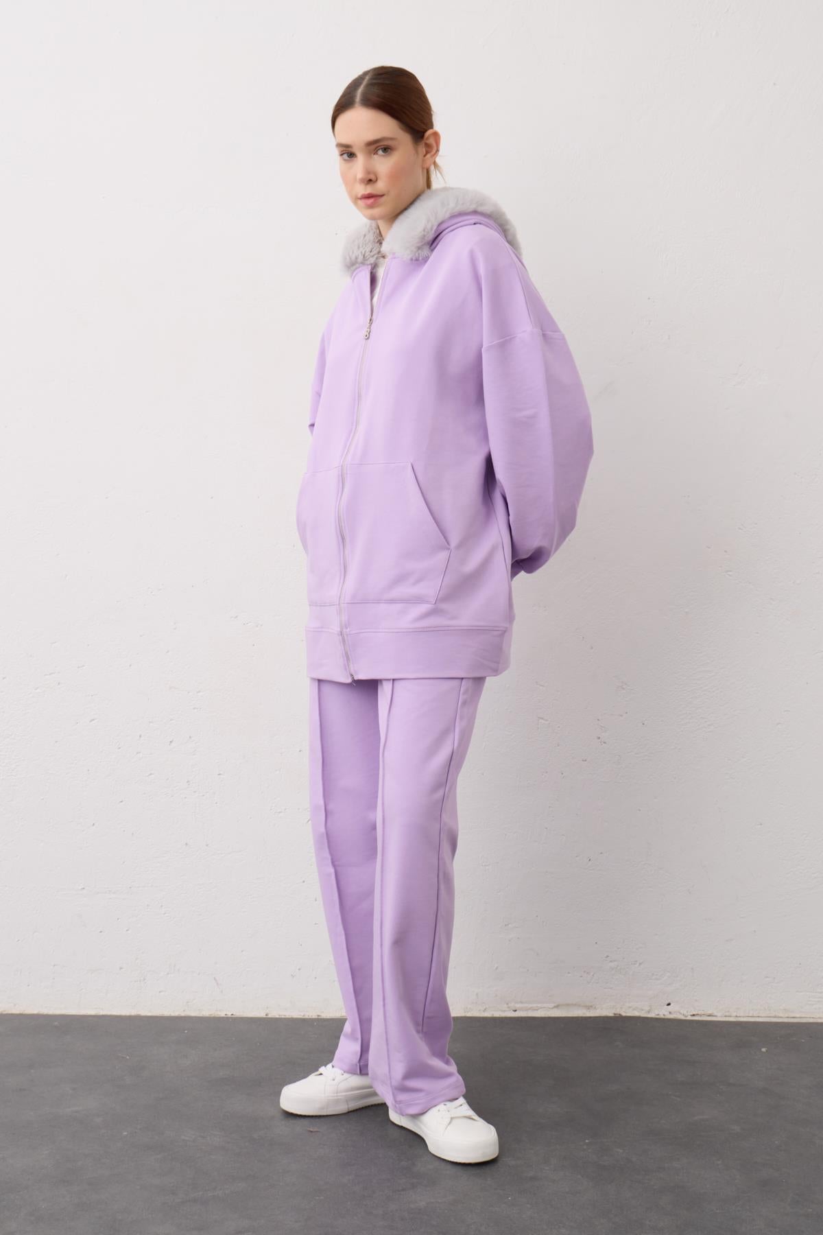 Lila Kapşonu Kürklü Fermuarlı Pamuklu Kadın Alt Üst Örme Takım