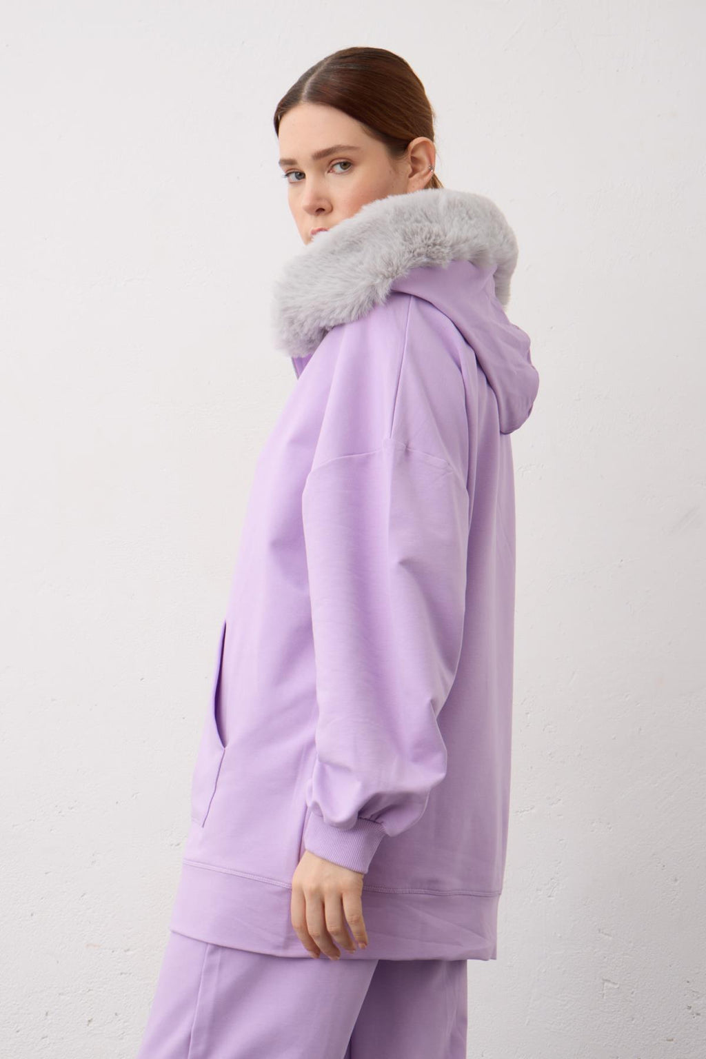 Lila Kapşonu Kürklü Fermuarlı Pamuklu Kadın Alt Üst Örme Takım