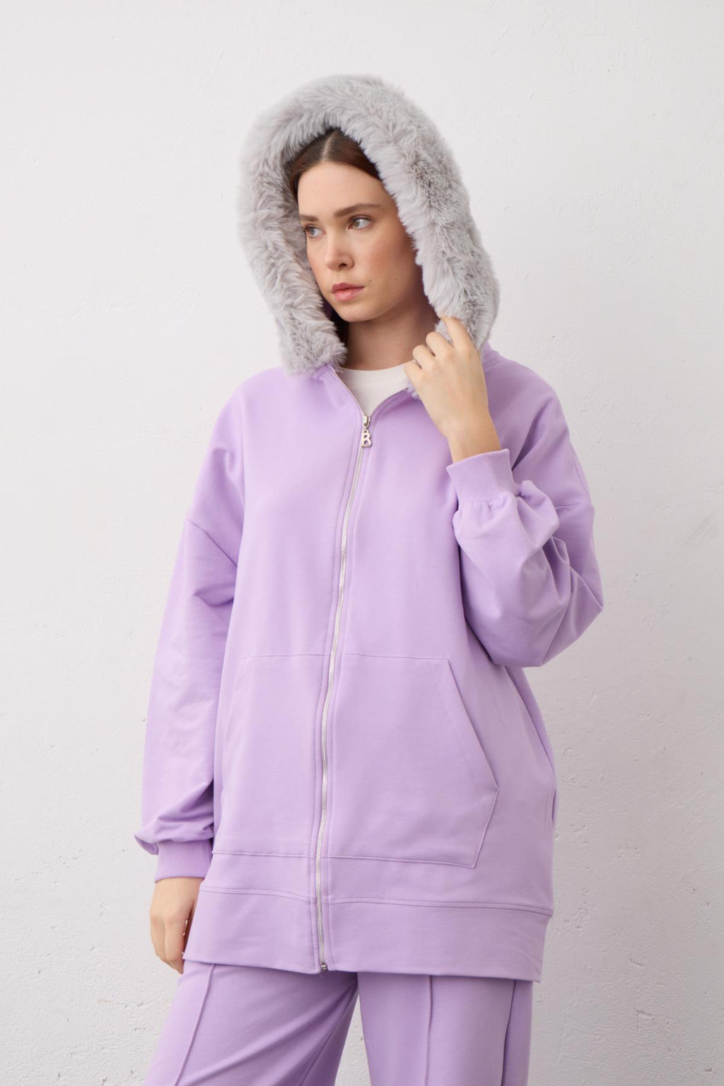 Lila Kapşonu Kürklü Fermuarlı Pamuklu Kadın Alt Üst Örme Takım