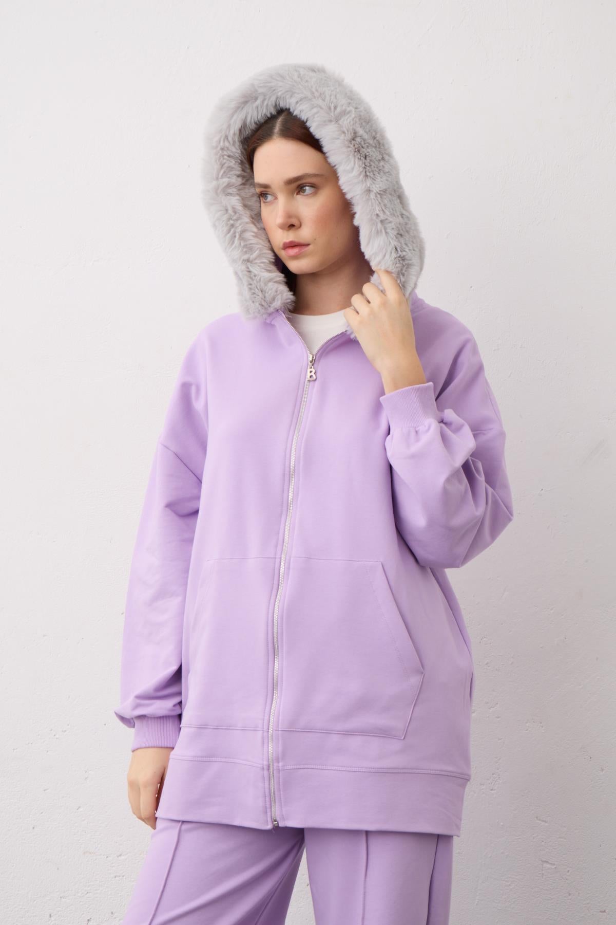 Lila Kapşonu Kürklü Fermuarlı Pamuklu Kadın Alt Üst Örme Takım