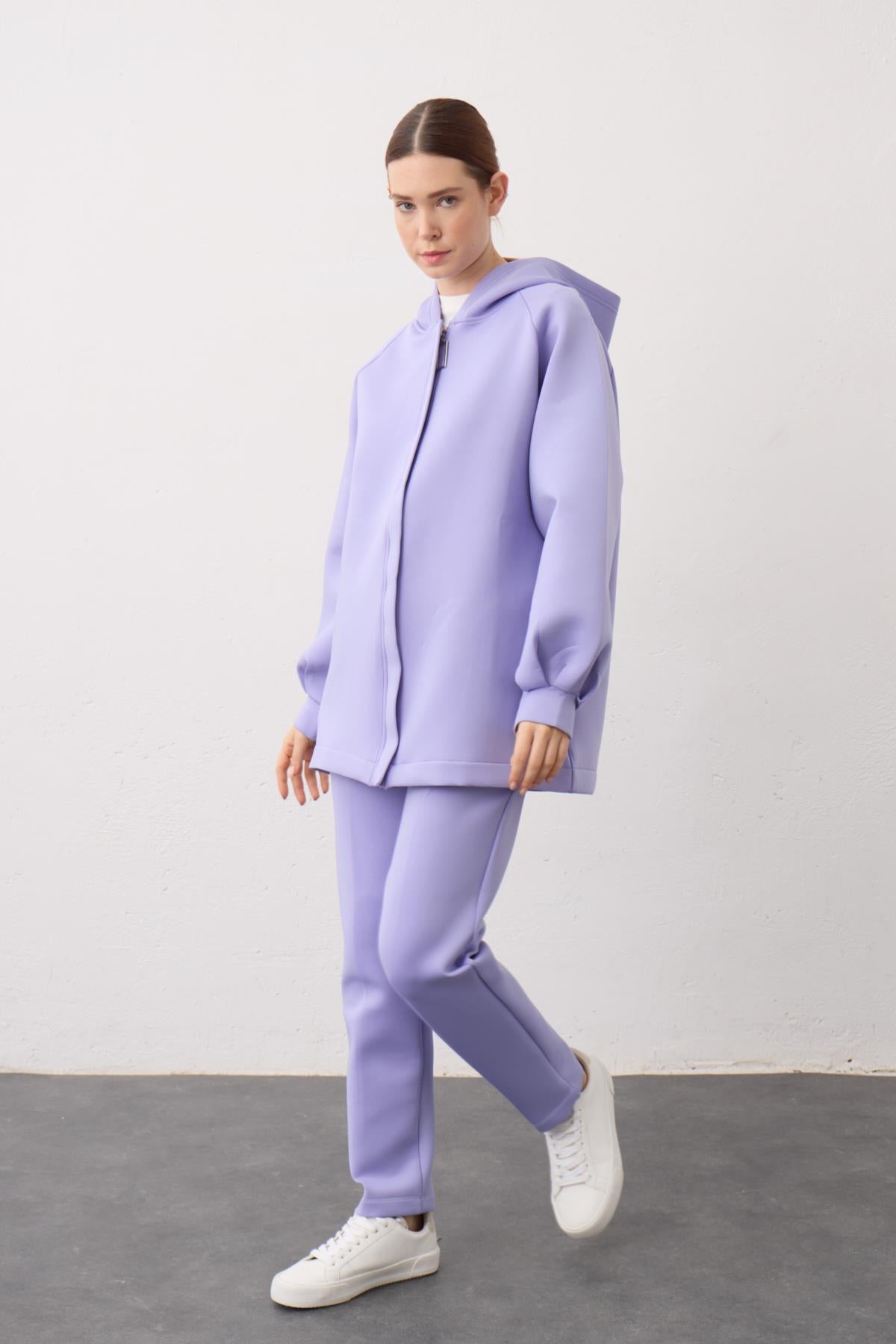 Lila Kapüşonlu Fermuarlı Scuba Alt Üst Takım