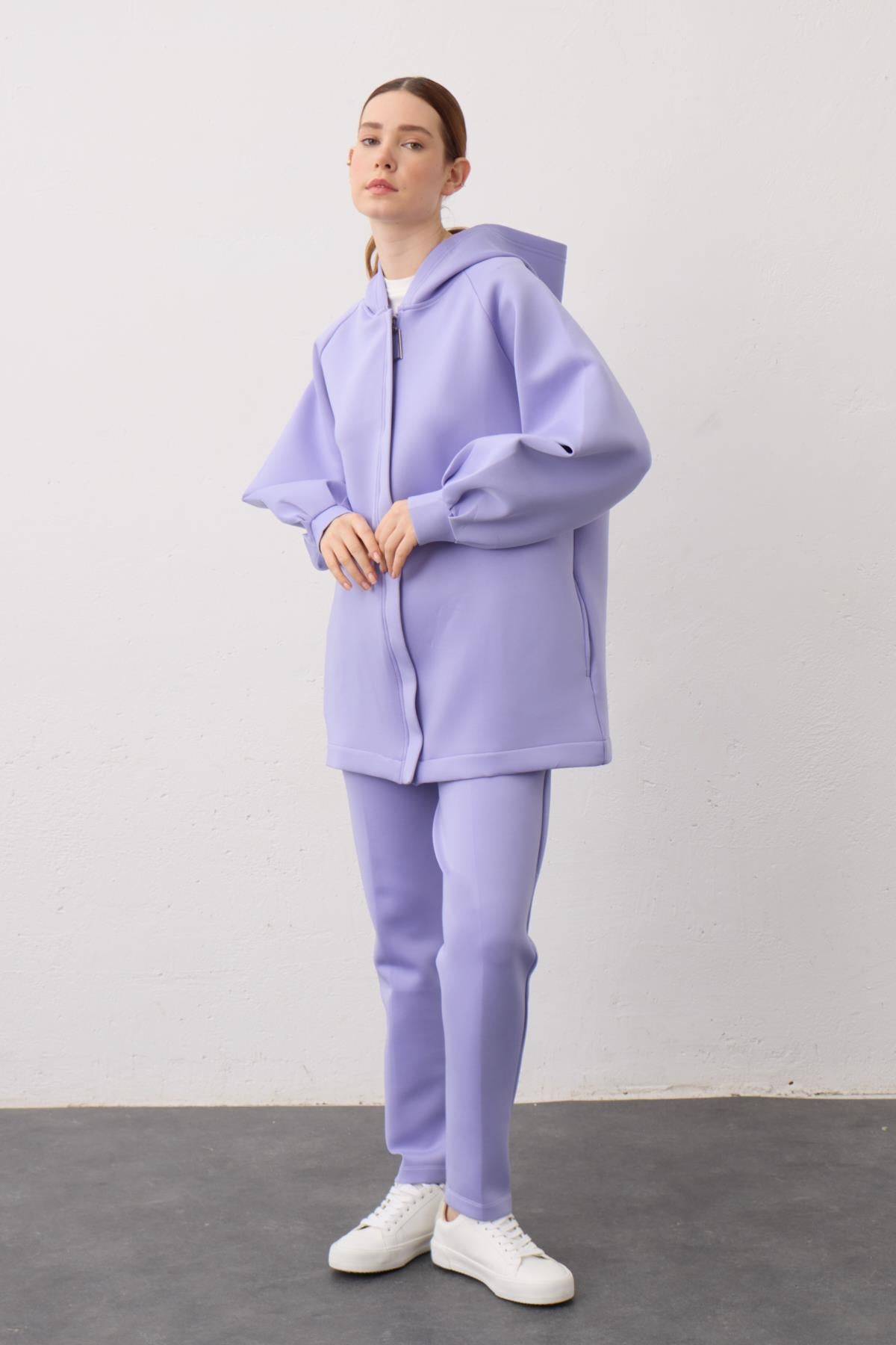 Lila Kapüşonlu Fermuarlı Scuba Alt Üst Takım