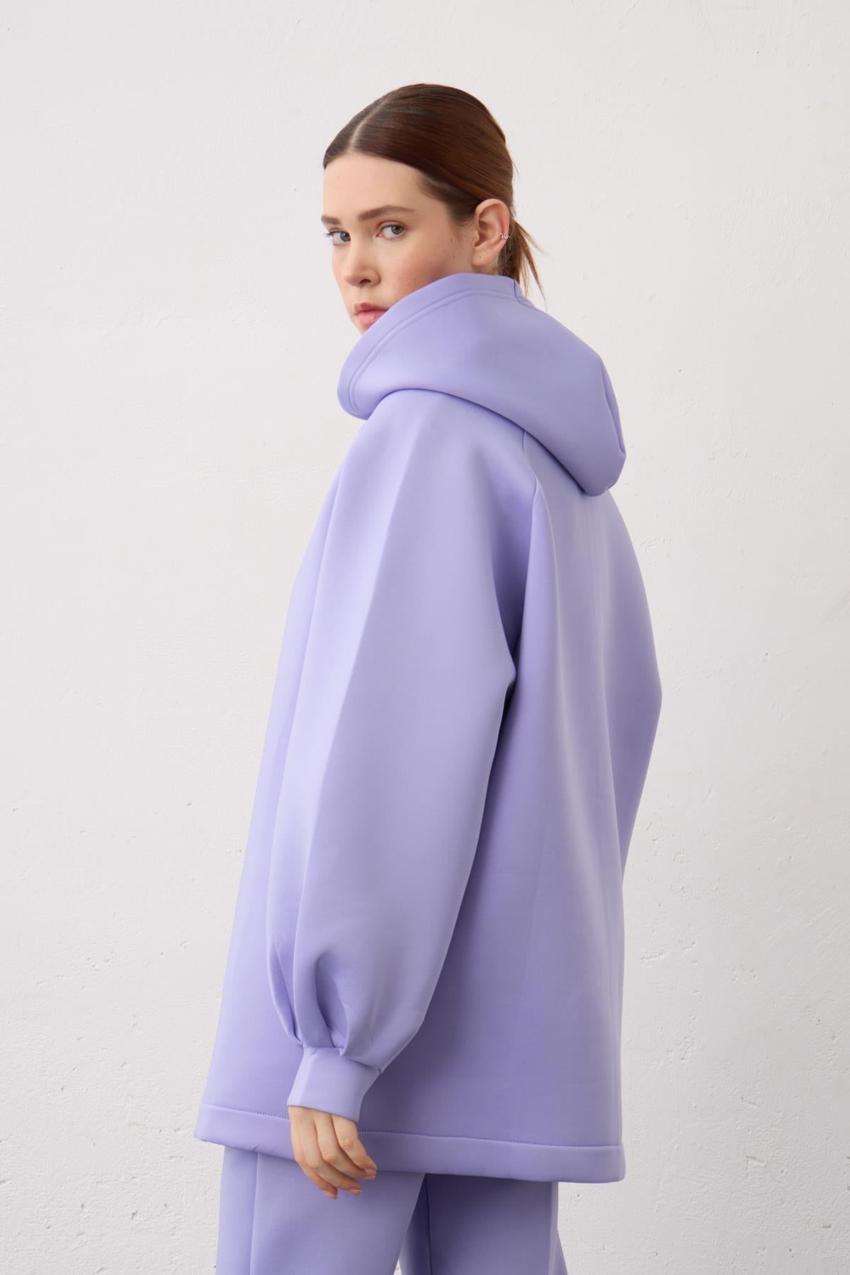 Lila Kapüşonlu Fermuarlı Scuba Alt Üst Takım