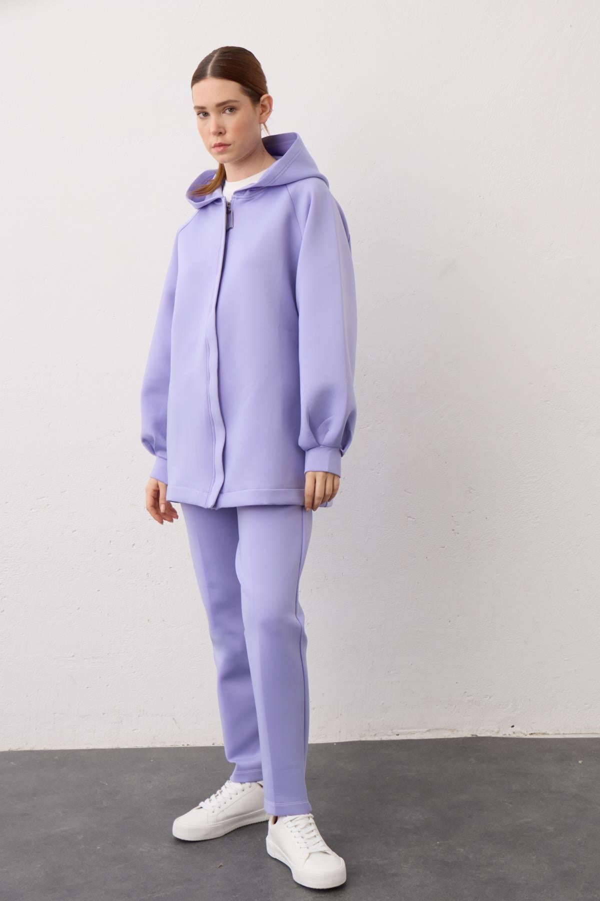 Lila Kapüşonlu Fermuarlı Scuba Alt Üst Takım