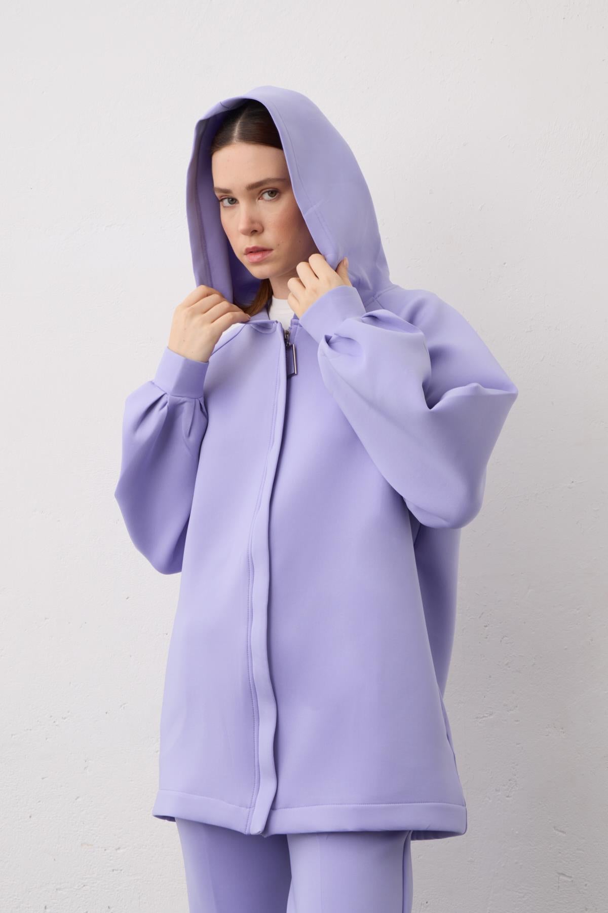 Lila Kapüşonlu Fermuarlı Scuba Alt Üst Takım