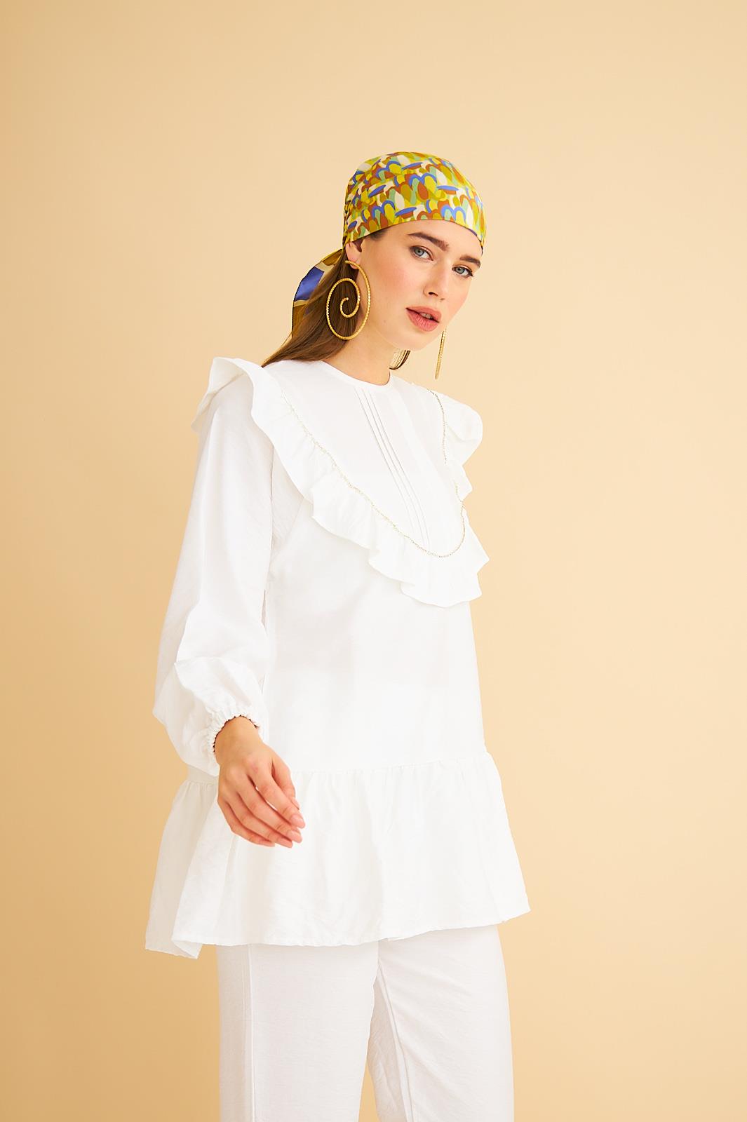 Luxe Fırfırlı ve Taşlı Keten Ekru Tunik Pantolon Takım