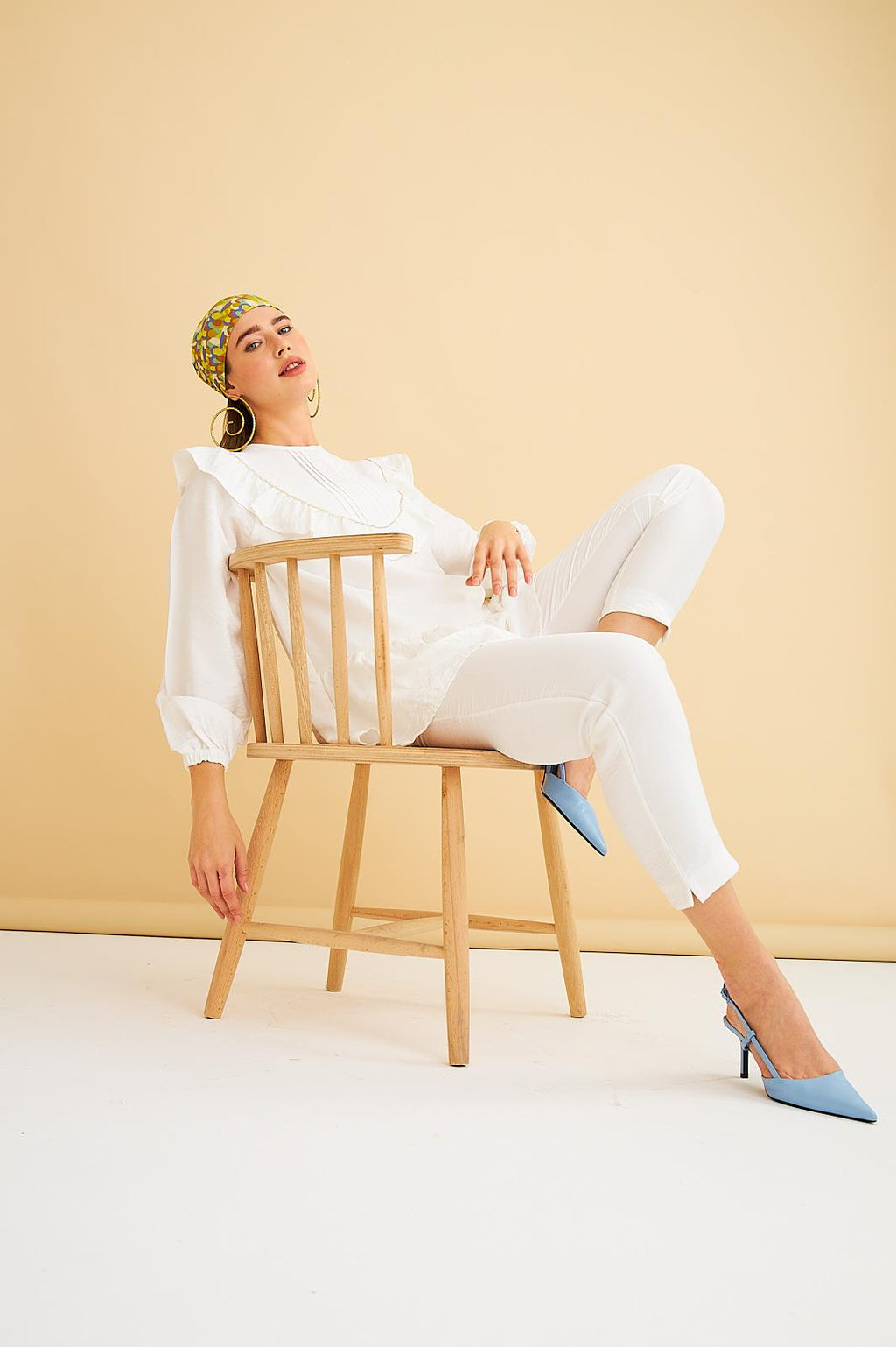 Luxe Fırfırlı ve Taşlı Keten Ekru Tunik Pantolon Takım