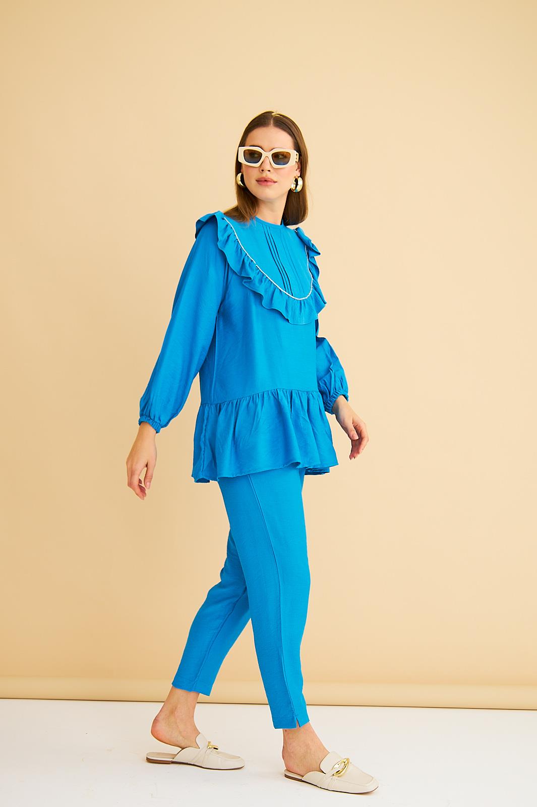 Luxe Fırfırlı ve Taşlı Keten Mavi Tunik Pantolon Takım