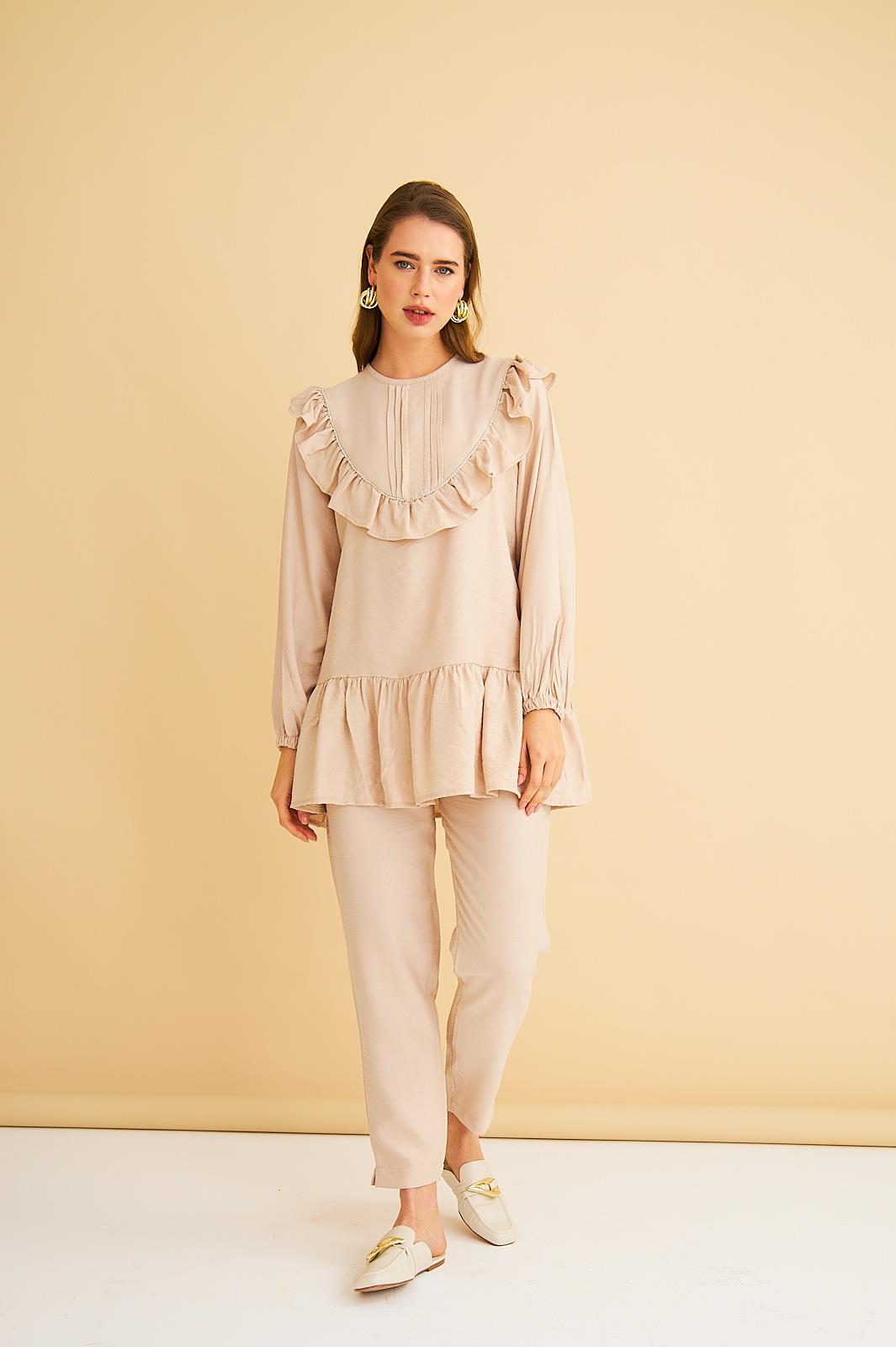 Luxe Fırfırlı ve Taşlı Keten Taş Tunik Pantolon Takım