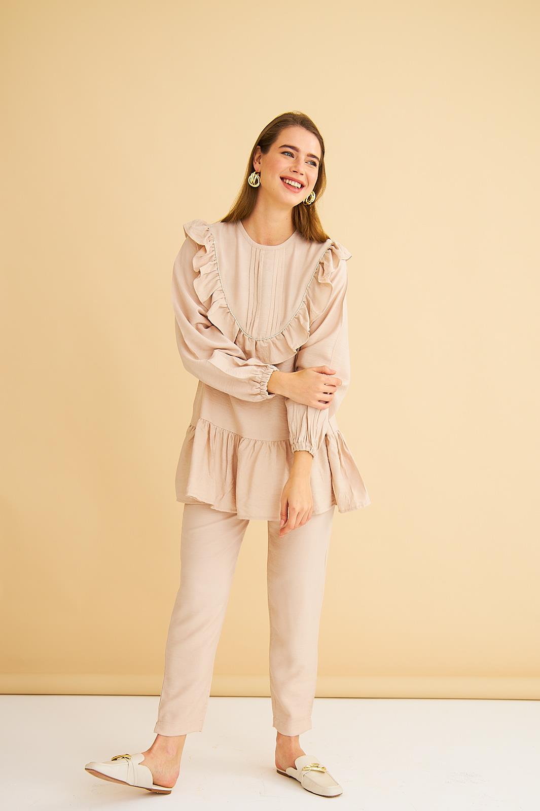 Luxe Fırfırlı ve Taşlı Keten Taş Tunik Pantolon Takım