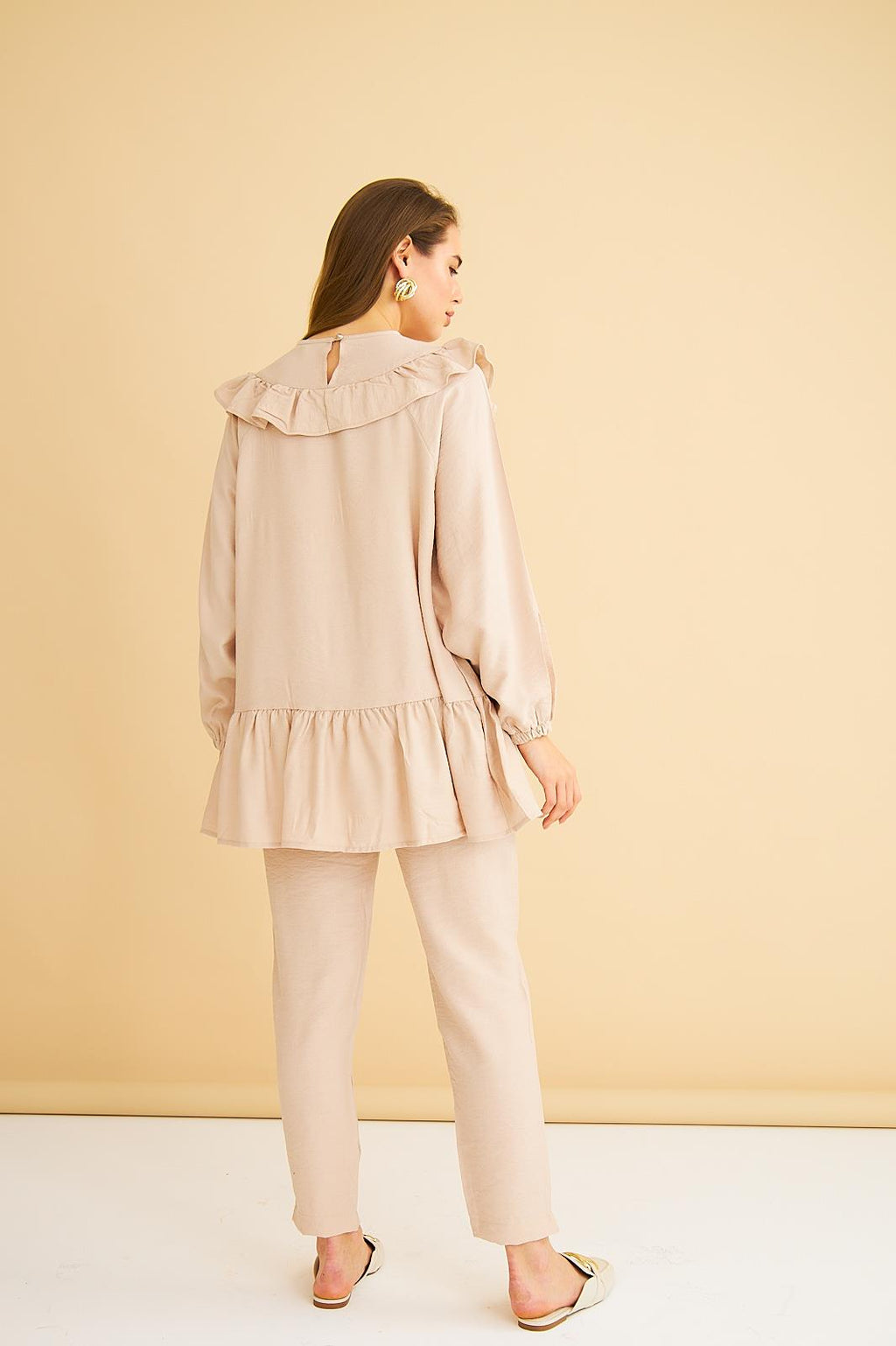 Luxe Fırfırlı ve Taşlı Keten Taş Tunik Pantolon Takım