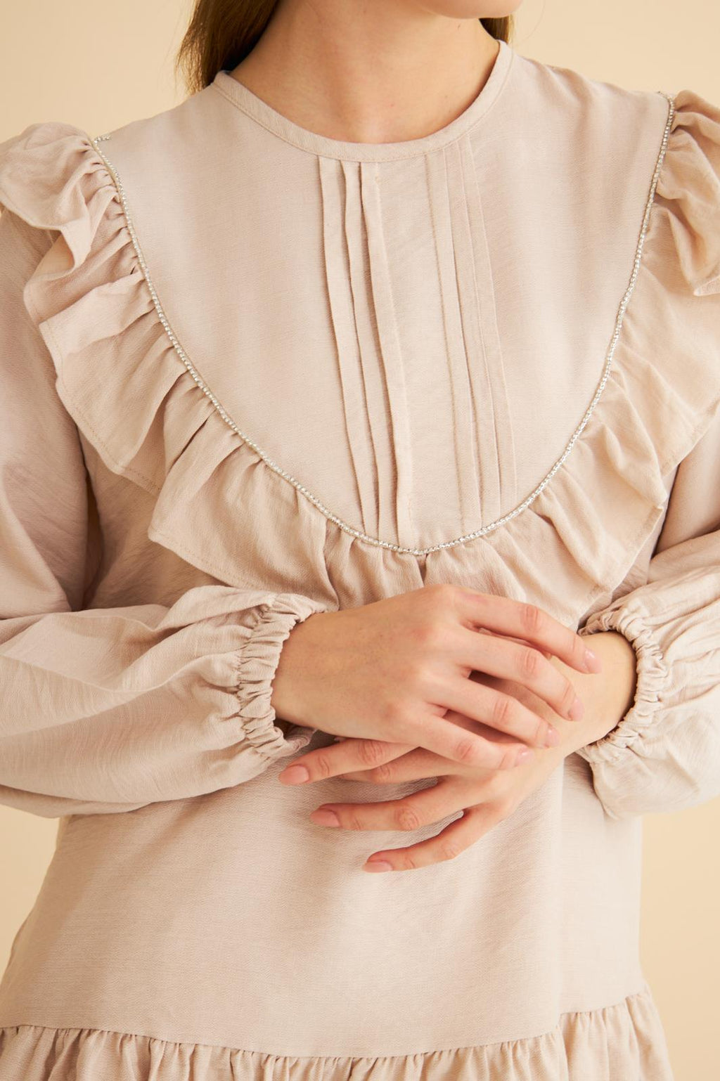 Luxe Fırfırlı ve Taşlı Keten Taş Tunik Pantolon Takım