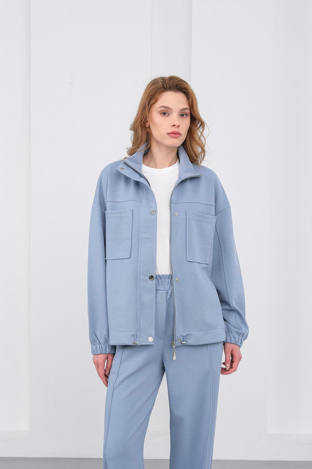 Mavi Kadın Pike Dokulu Bel Ayarlanabilir Oversize Ceket Pantolon Takım