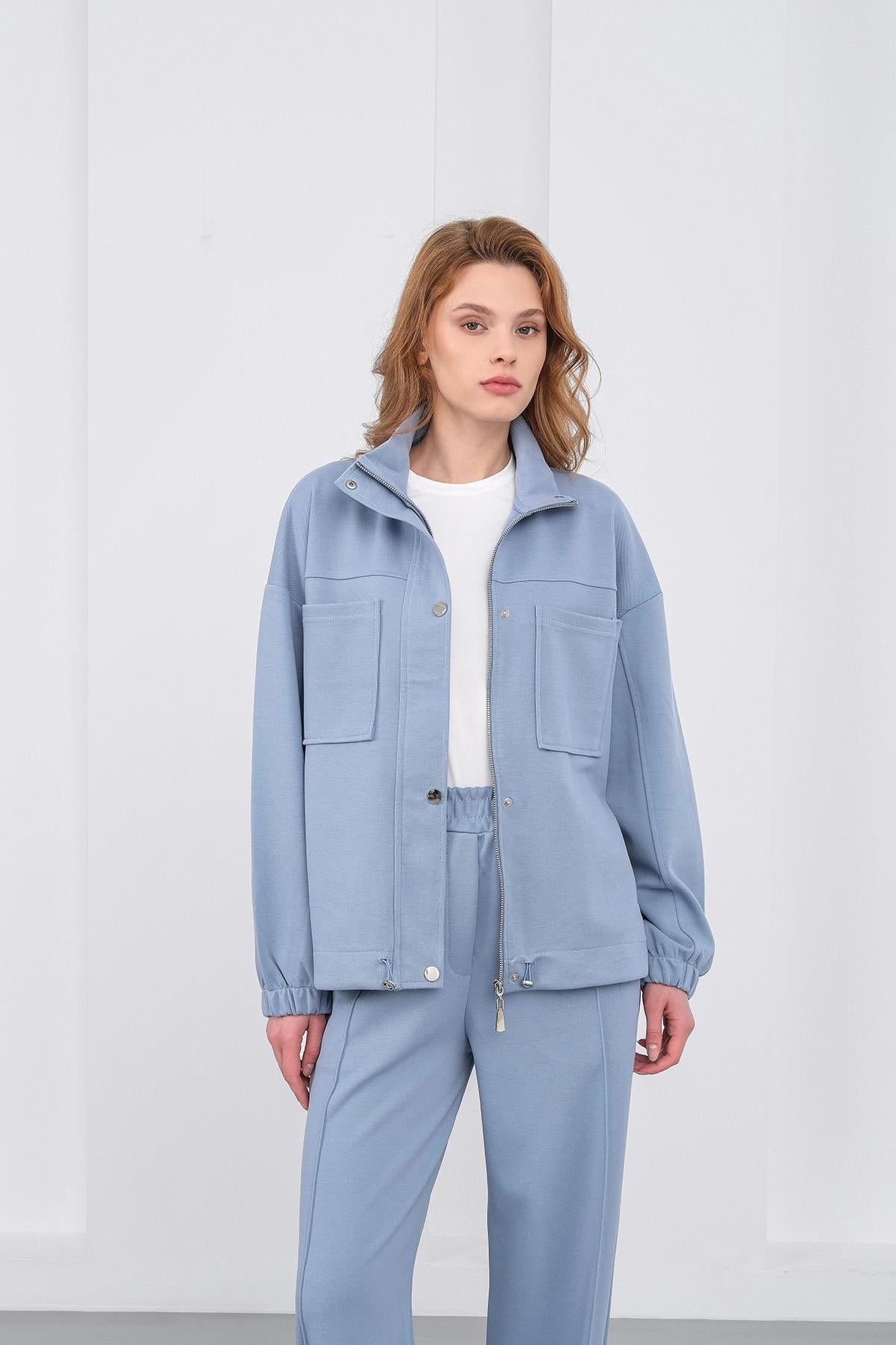Mavi Kadın Pike Dokulu Bel Ayarlanabilir Oversize Ceket Pantolon Takım