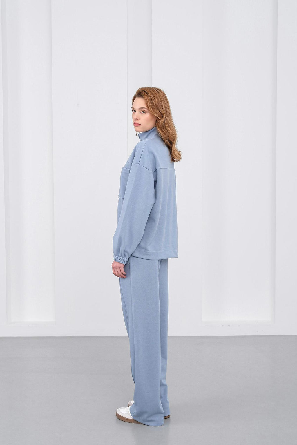 Mavi Kadın Pike Dokulu Bel Ayarlanabilir Oversize Ceket Pantolon Takım