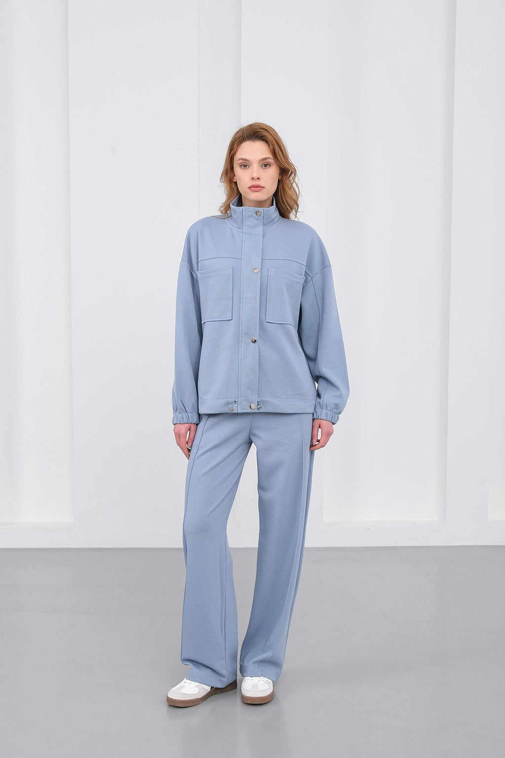 Mavi Kadın Pike Dokulu Bel Ayarlanabilir Oversize Ceket Pantolon Takım