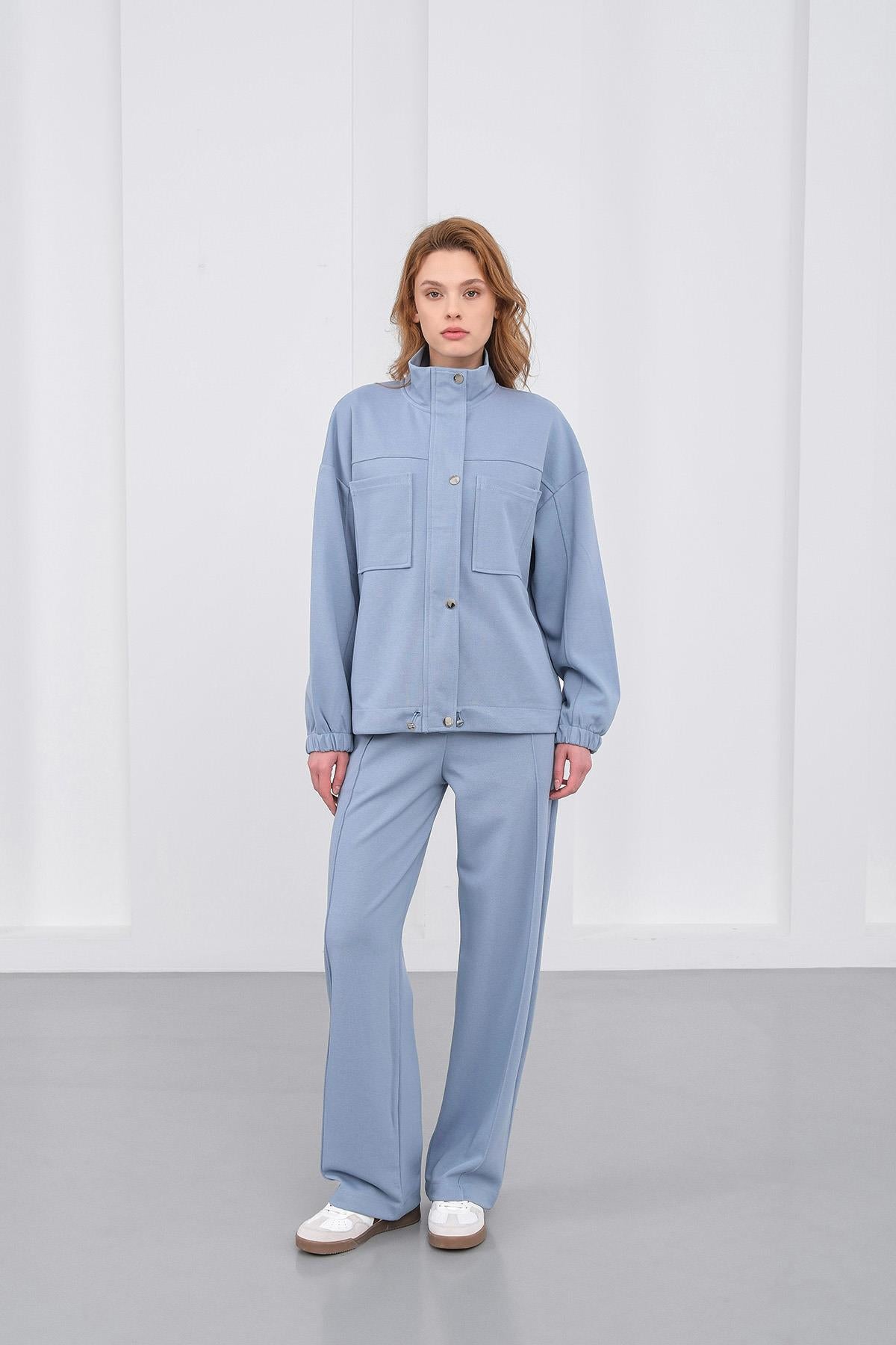 Mavi Kadın Pike Dokulu Bel Ayarlanabilir Oversize Ceket Pantolon Takım