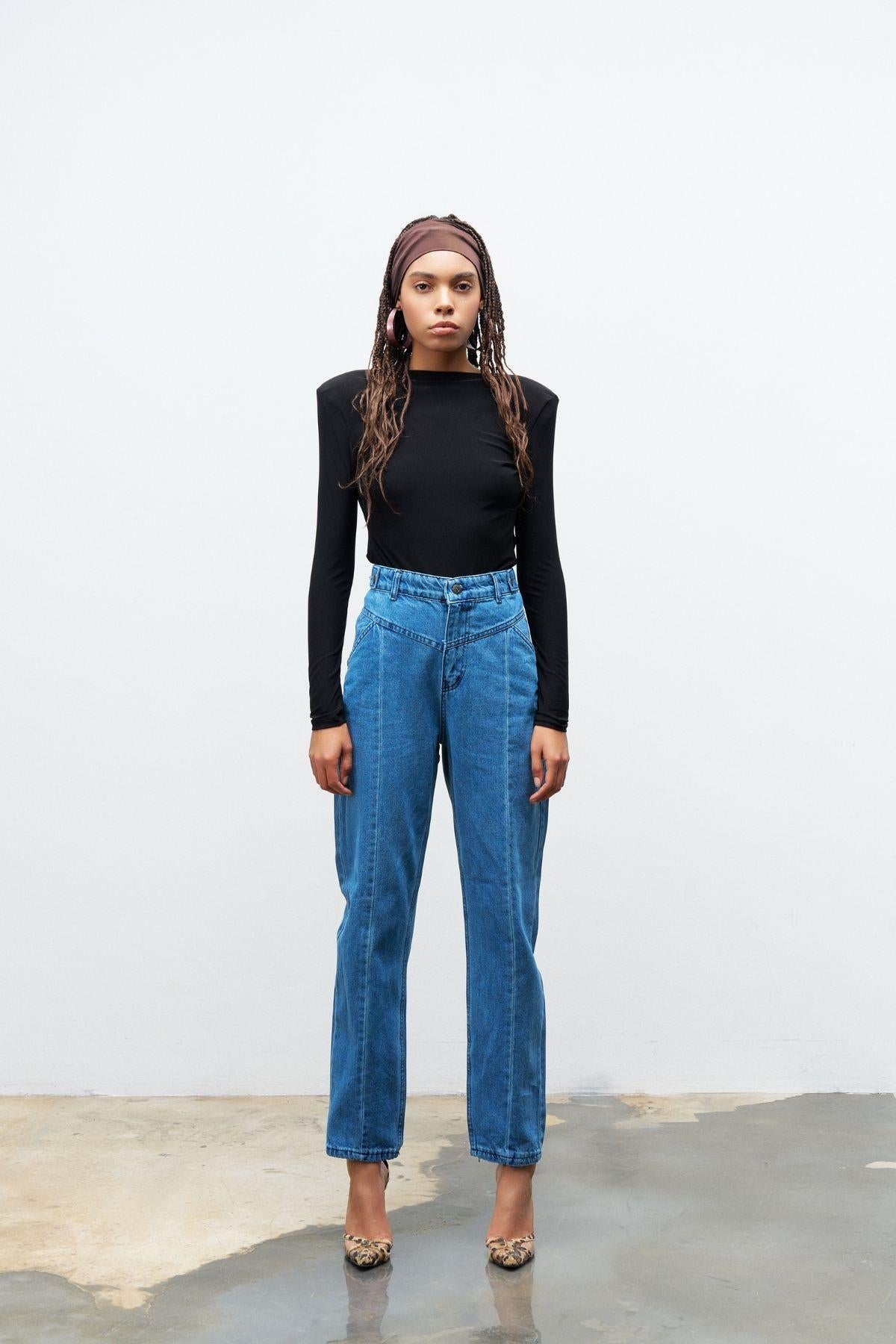 Mavi nervür Dikişli %100 Cotton Denim Pantolon