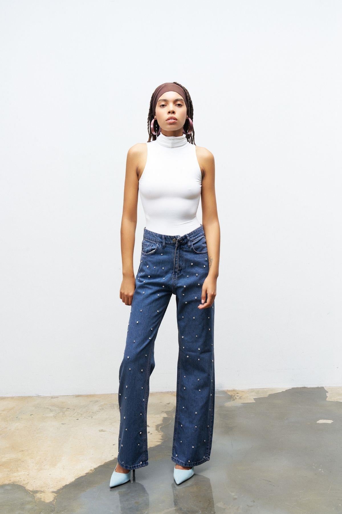 Mavi Önü Taş Detaylı %100 Cotton Wide Leg Denim