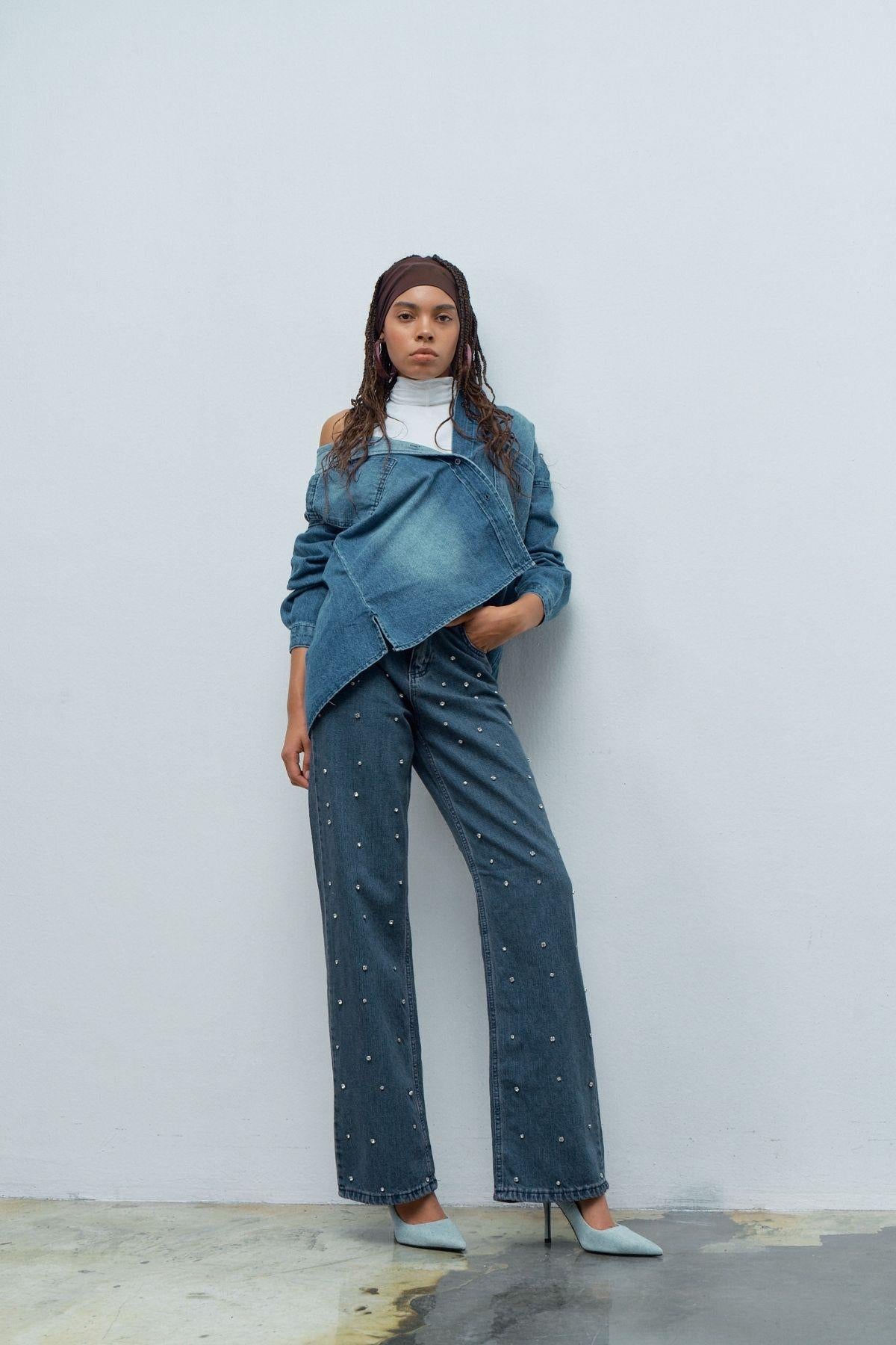 Mavi Önü Taş Detaylı %100 Cotton Wide Leg Denim