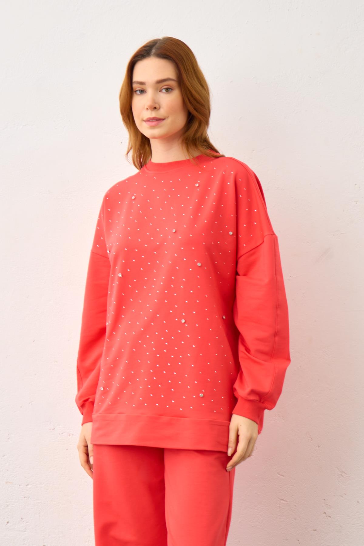 Mercan Taş Detaylı Pamuklu Örme Alt Üst Takım