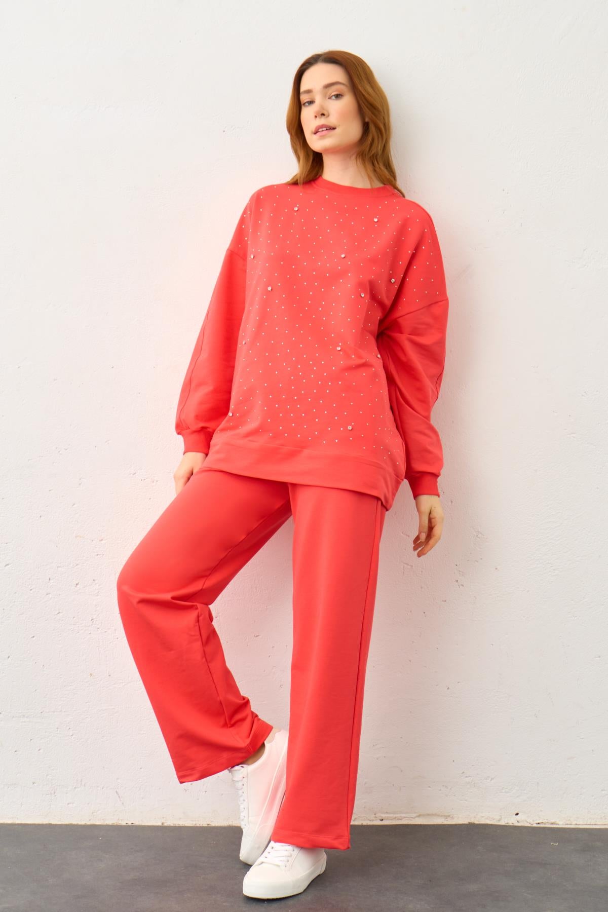 Mercan Taş Detaylı Pamuklu Örme Alt Üst Takım