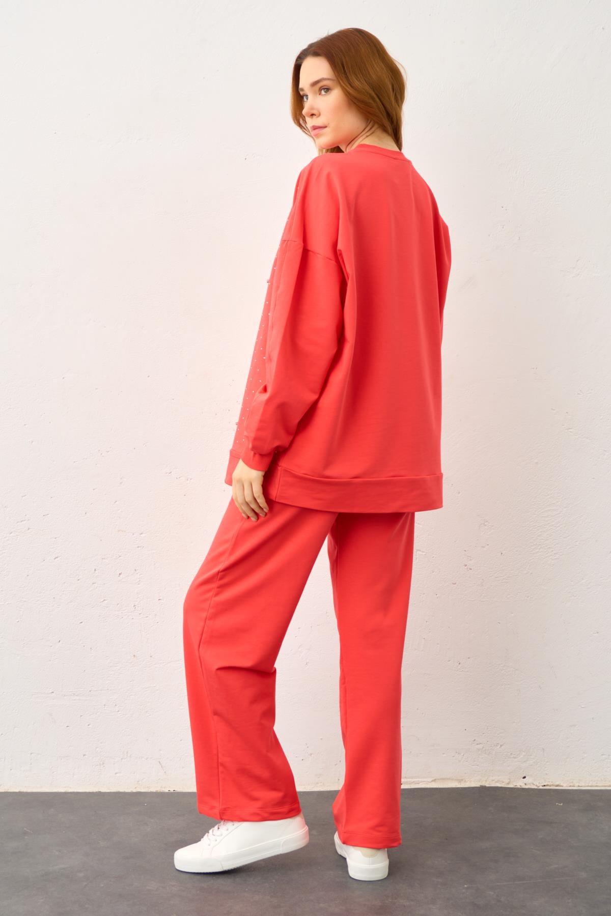 Mercan Taş Detaylı Pamuklu Örme Alt Üst Takım