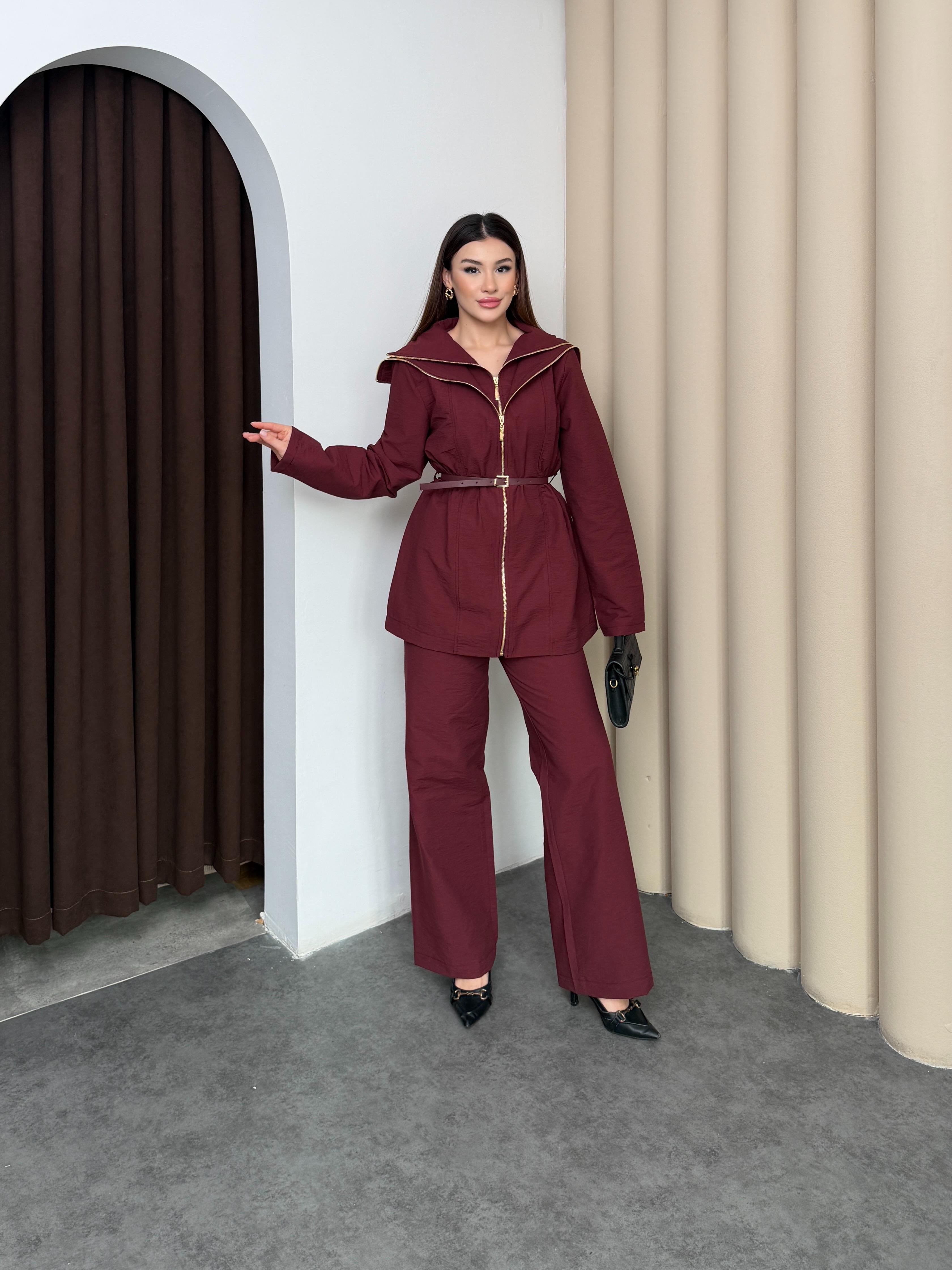Mürdüm Kadın Akışkan Katman Detaylı Belden Kemerli Premium Takım