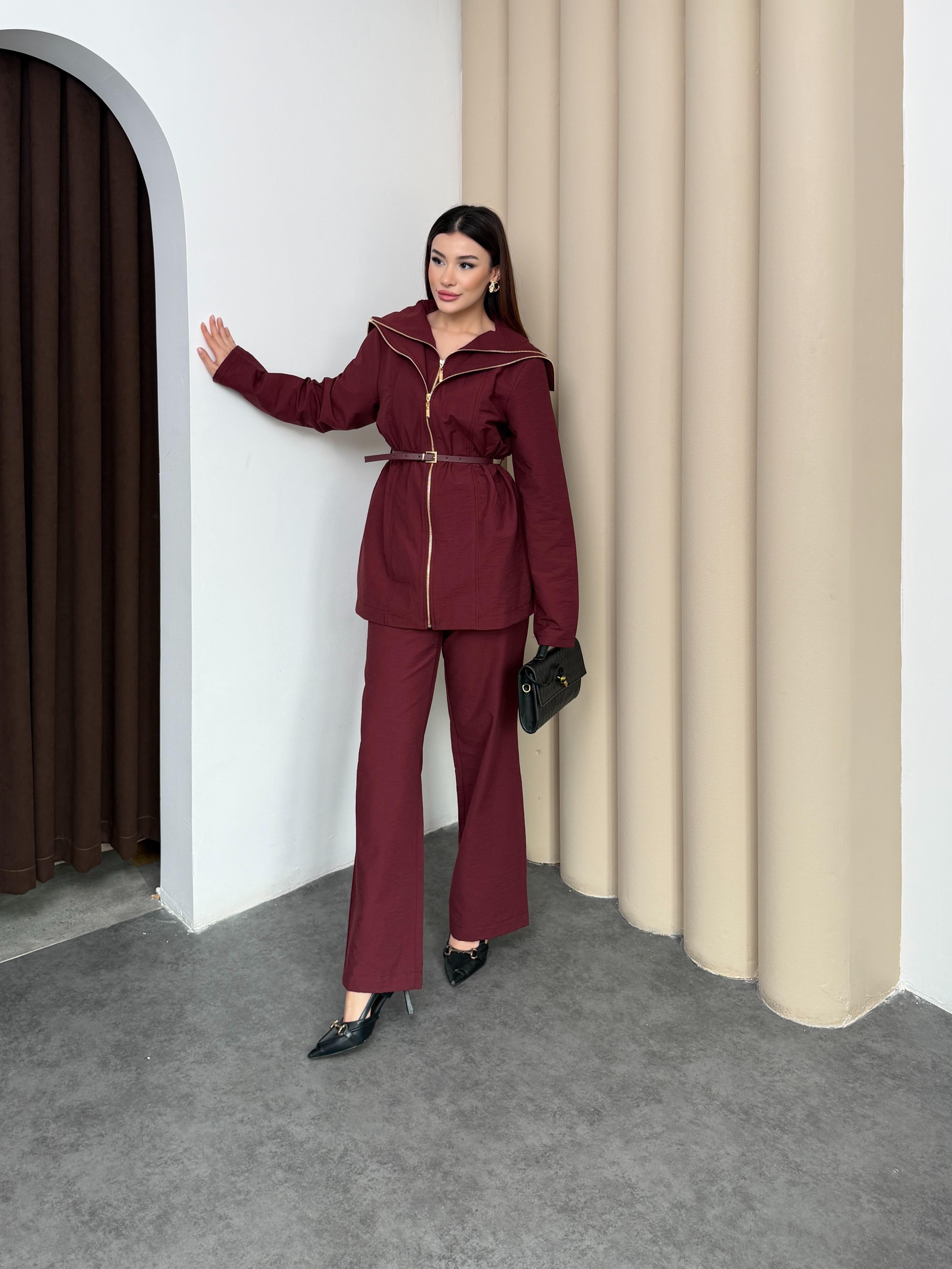 Mürdüm Kadın Akışkan Katman Detaylı Belden Kemerli Premium Takım