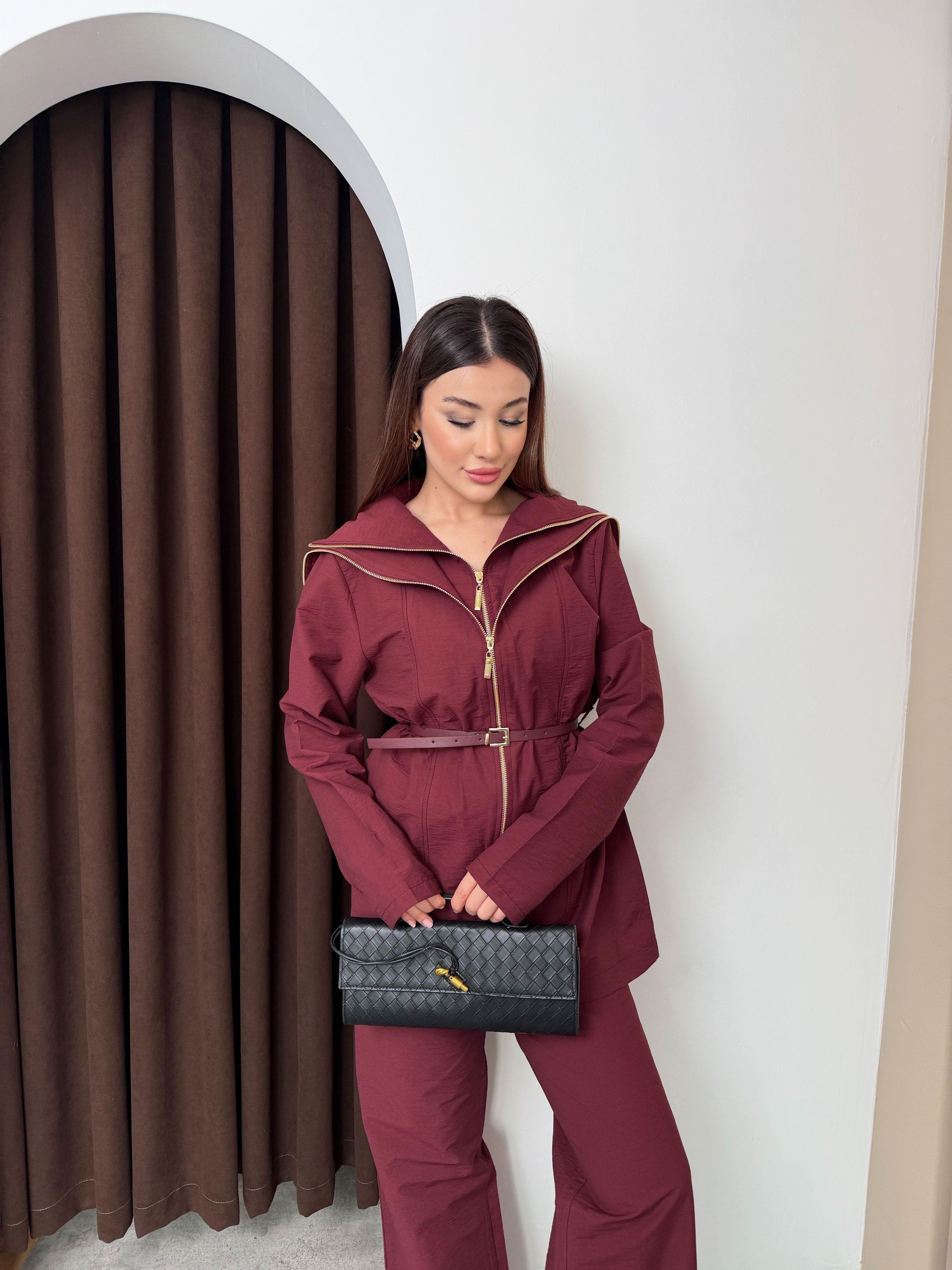 Mürdüm Kadın Akışkan Katman Detaylı Belden Kemerli Premium Takım