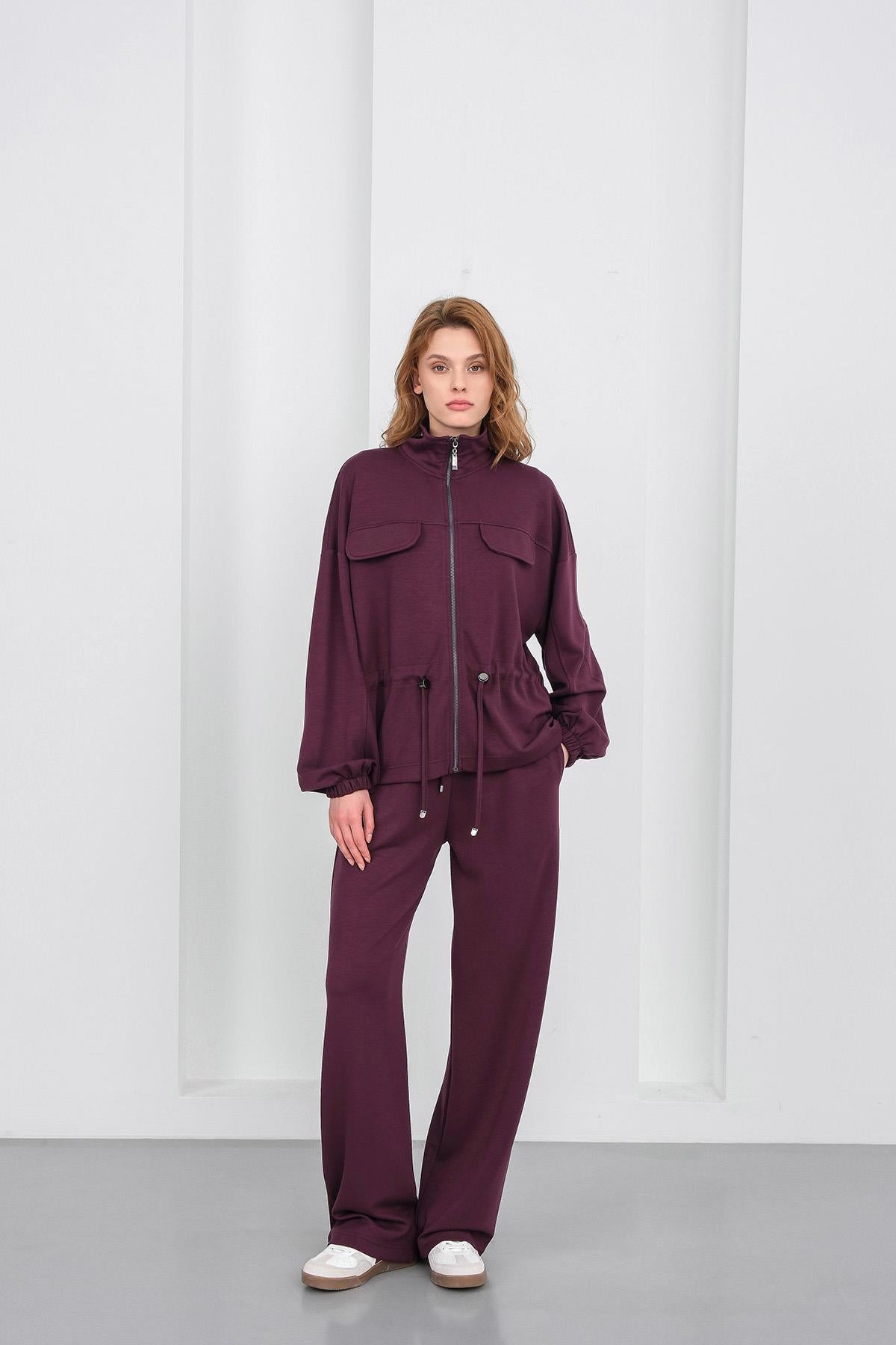 Mürdüm Kadın Boydan Fermuarlı Dik Yakalı Premium Modal Alt-Üst Takım