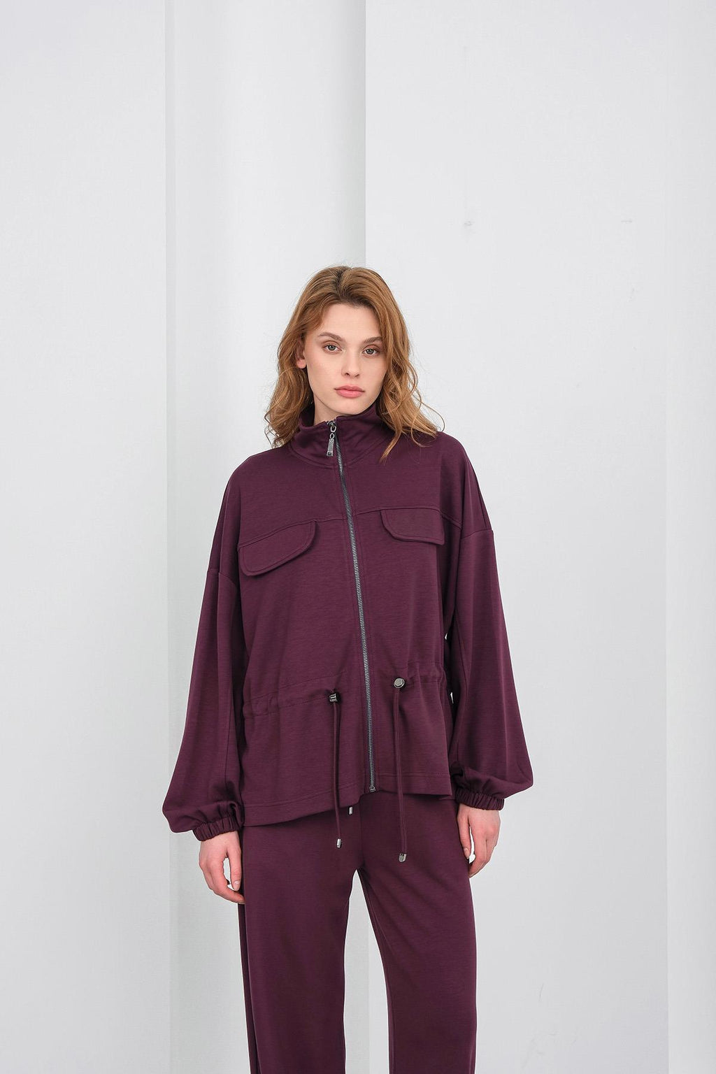 Mürdüm Kadın Boydan Fermuarlı Dik Yakalı Premium Modal Alt-Üst Takım