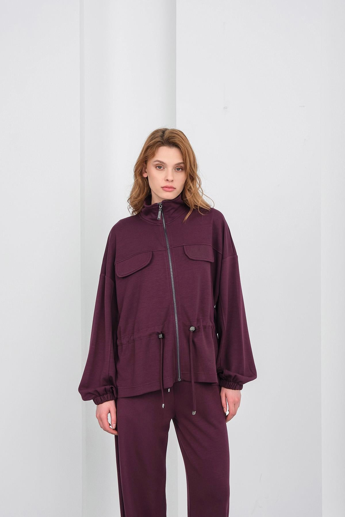 Mürdüm Kadın Boydan Fermuarlı Dik Yakalı Premium Modal Alt-Üst Takım