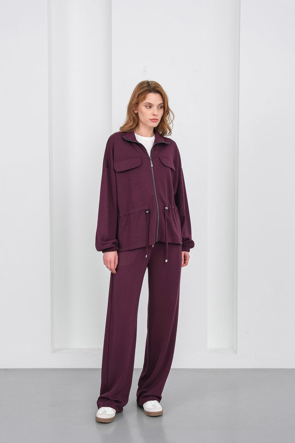 Mürdüm Kadın Boydan Fermuarlı Dik Yakalı Premium Modal Alt-Üst Takım