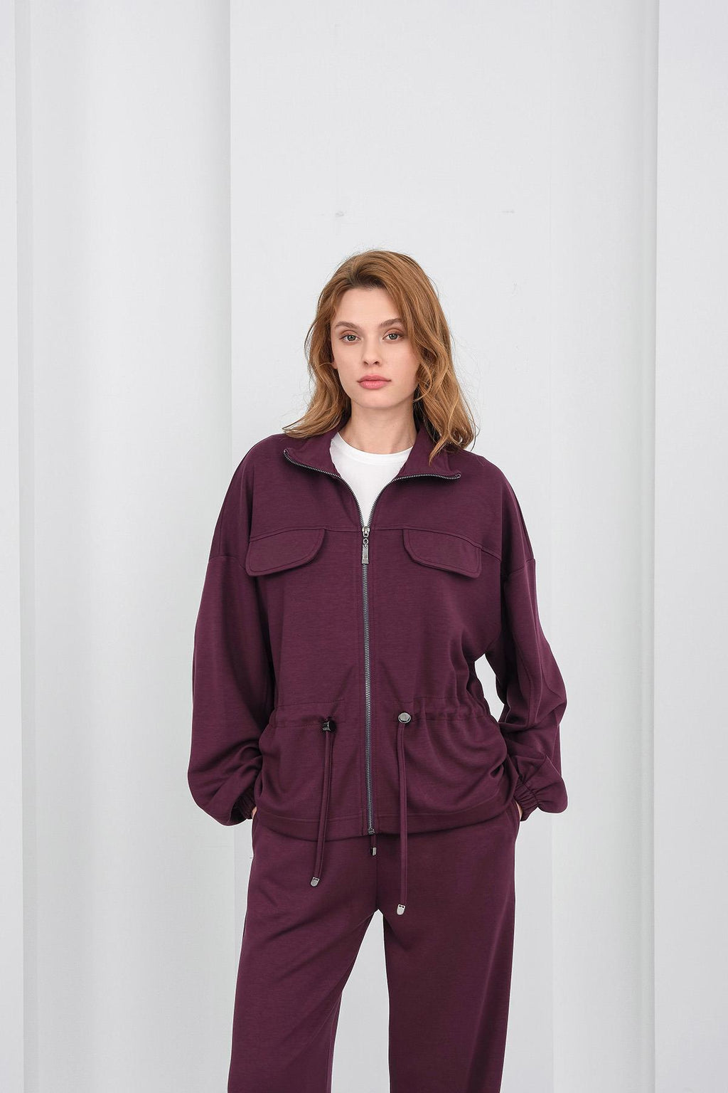 Mürdüm Kadın Boydan Fermuarlı Dik Yakalı Premium Modal Alt-Üst Takım