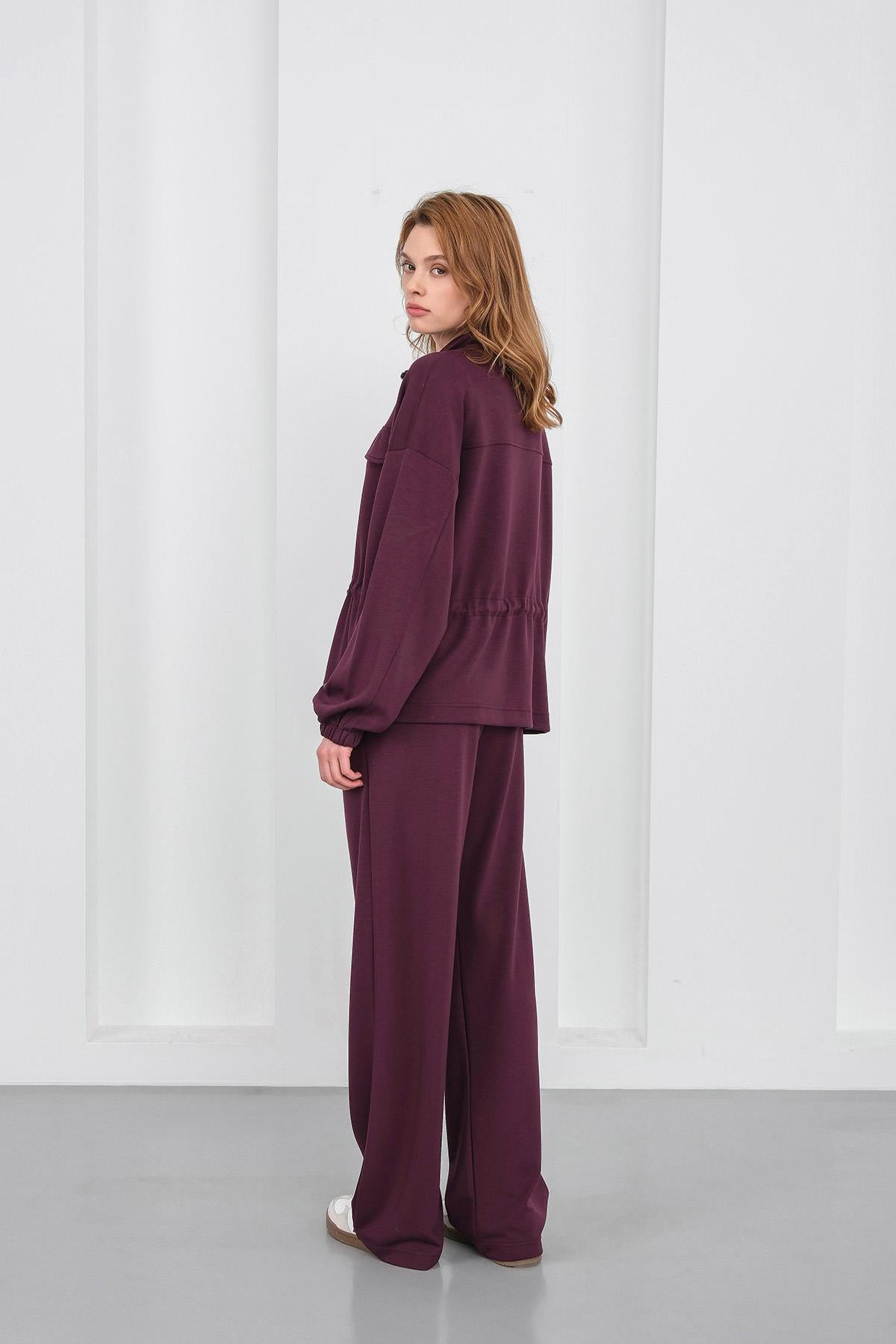 Mürdüm Kadın Boydan Fermuarlı Dik Yakalı Premium Modal Alt-Üst Takım