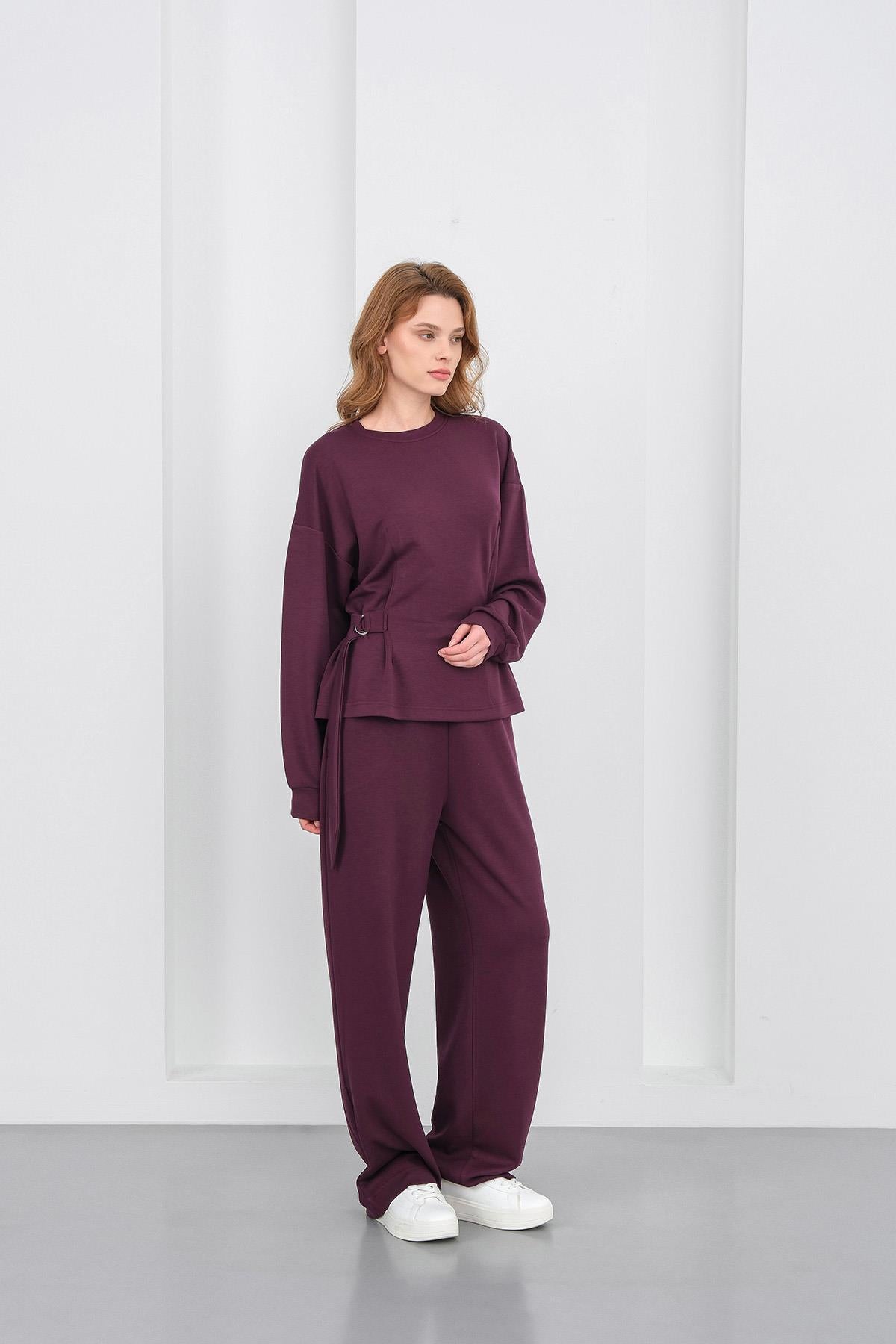 Mürdüm Kadın Premium Modal D Toka Süs Kemerli Alt-Üst Takım