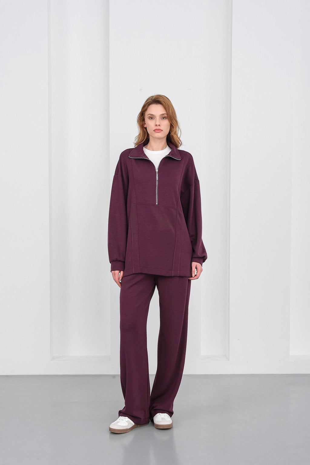 Mürdüm Kadın Premium Modal Kumaş Yarım Fermuarlı Oversize Alt-Üst Takım