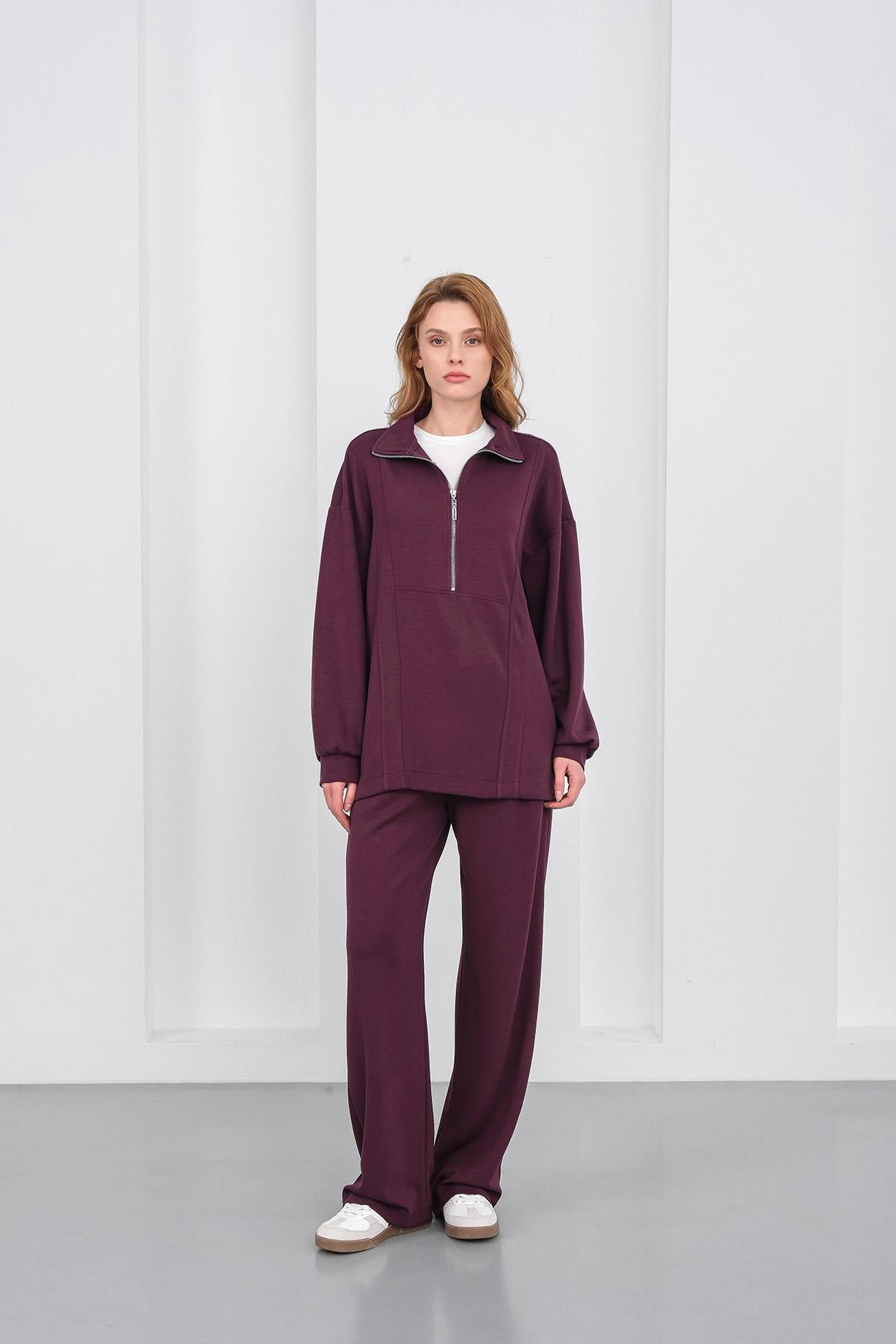 Mürdüm Kadın Premium Modal Kumaş Yarım Fermuarlı Oversize Alt-Üst Takım