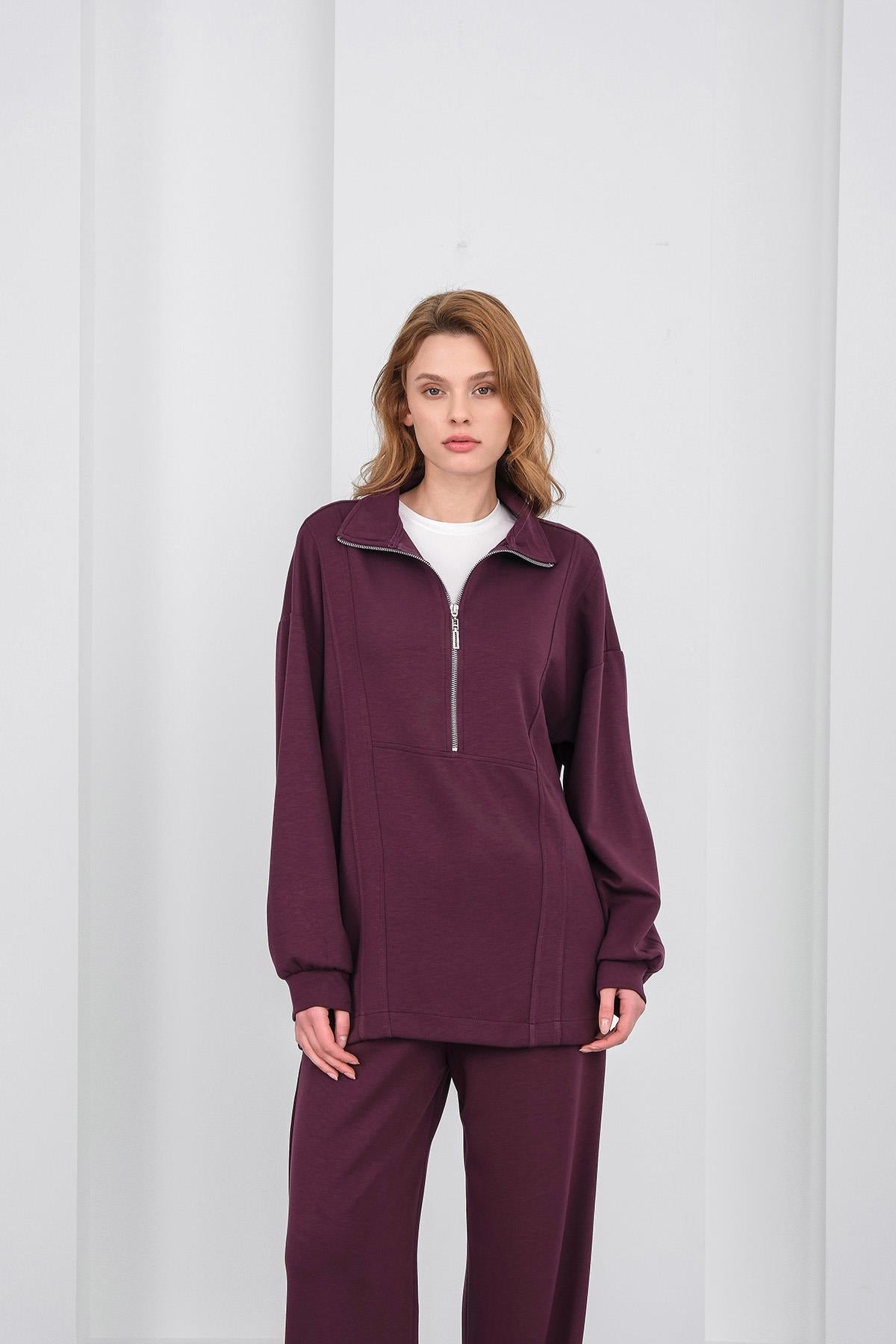 Mürdüm Kadın Premium Modal Kumaş Yarım Fermuarlı Oversize Alt-Üst Takım