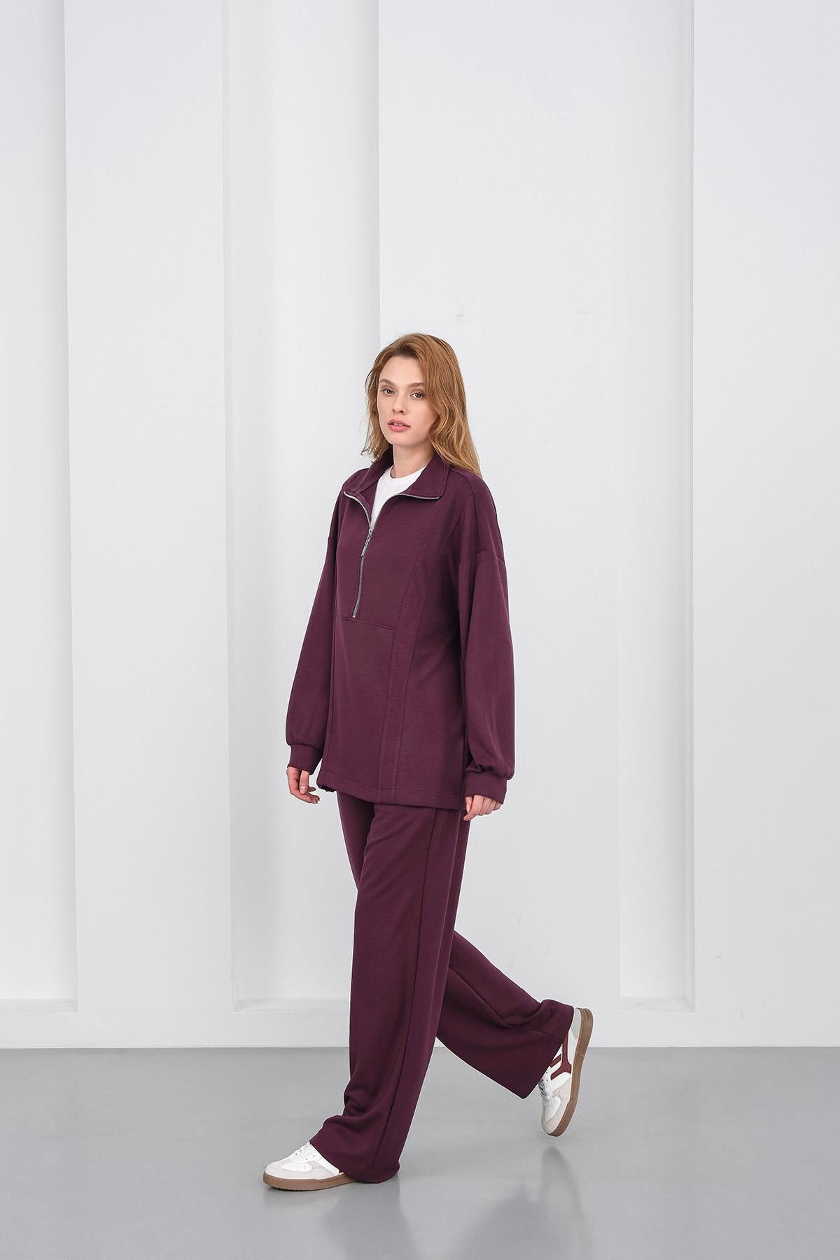 Mürdüm Kadın Premium Modal Kumaş Yarım Fermuarlı Oversize Alt-Üst Takım