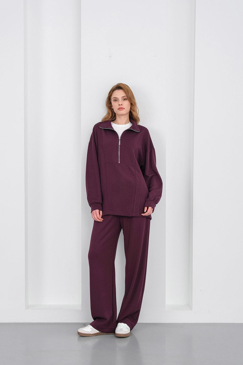 Mürdüm Kadın Premium Modal Kumaş Yarım Fermuarlı Oversize Alt-Üst Takım